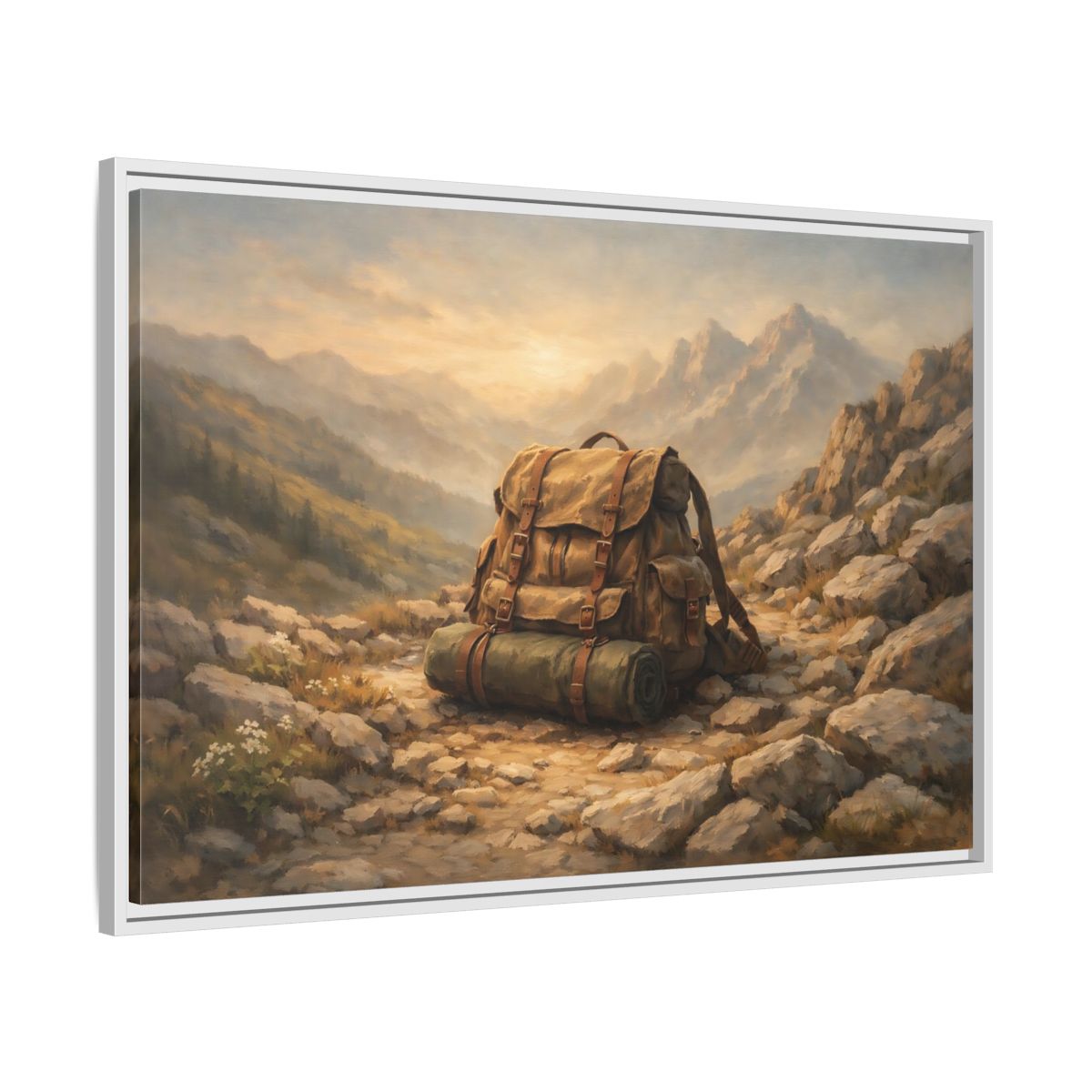 Side Mockup 8. Nature Hiking Backpack Brown And Green Backpack shown as stretched canvas wall art