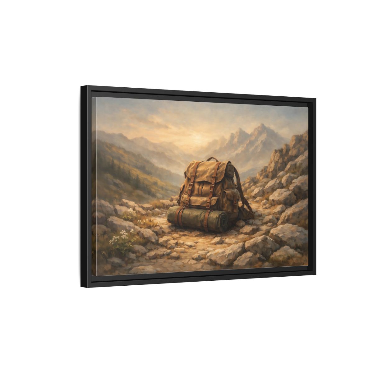 Side Mockup 3. Nature Hiking Backpack Brown And Green Backpack shown as stretched canvas wall art
