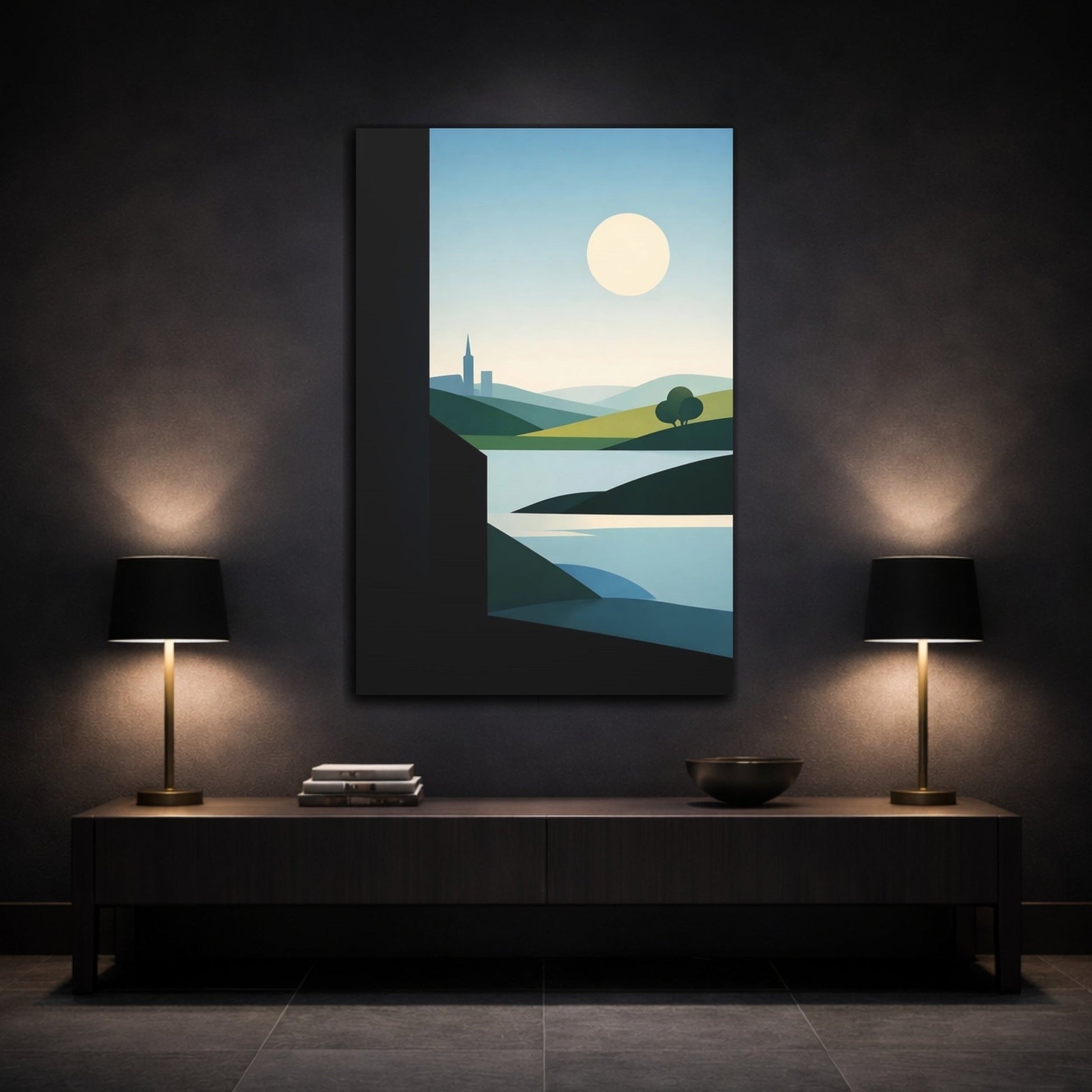 Nature Hills And Lake Blue Green Landscape - Canvas Wall Art Print - YesArtYes
