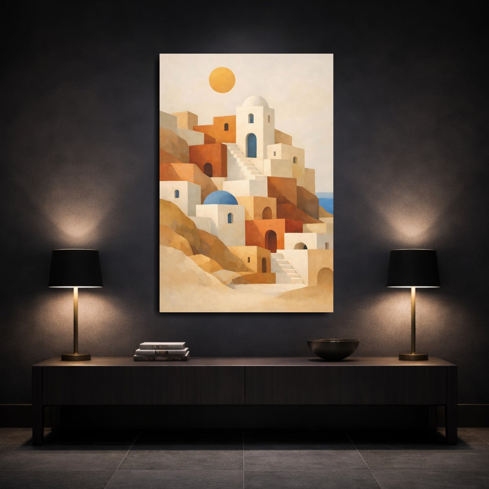 Nature Hillside Village White And Terracotta shown as front canvas room wall art