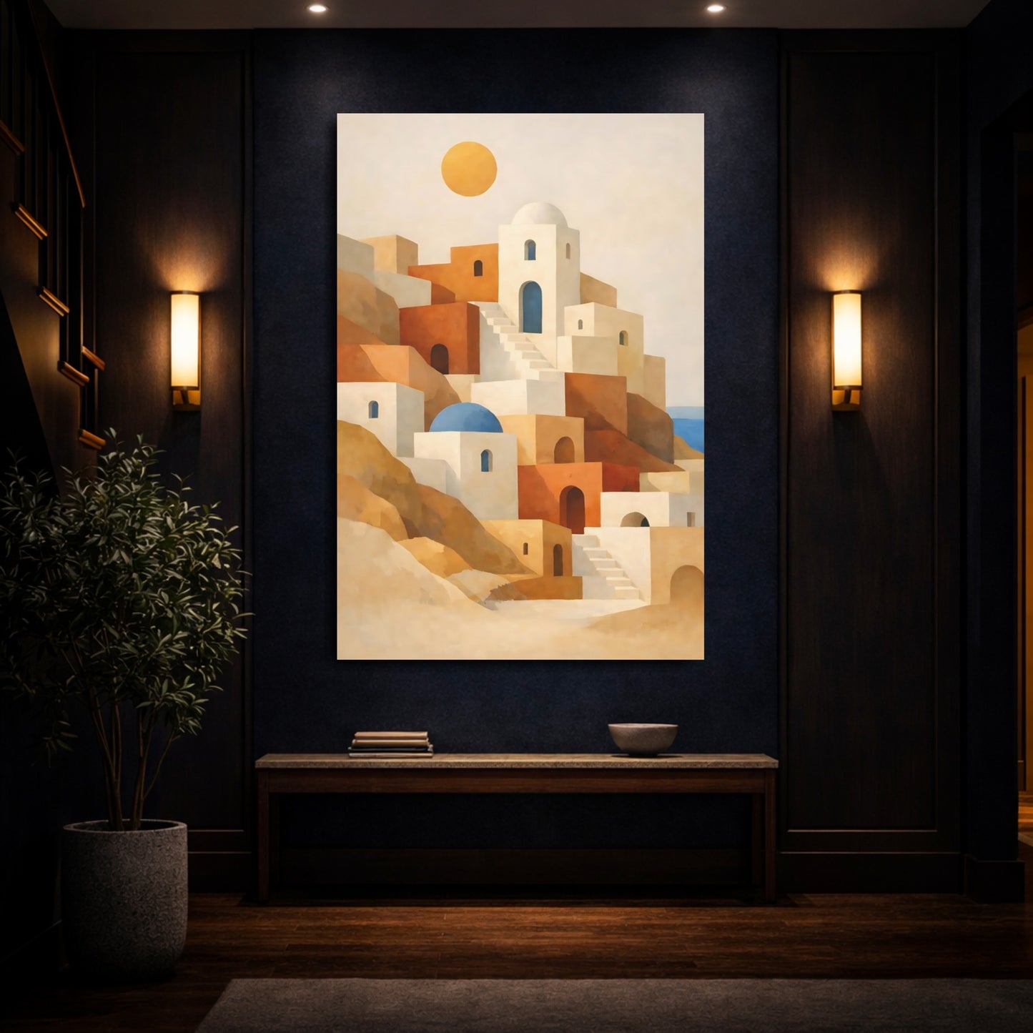 Nature Hillside Village White And Terracotta shown as front canvas room wall art