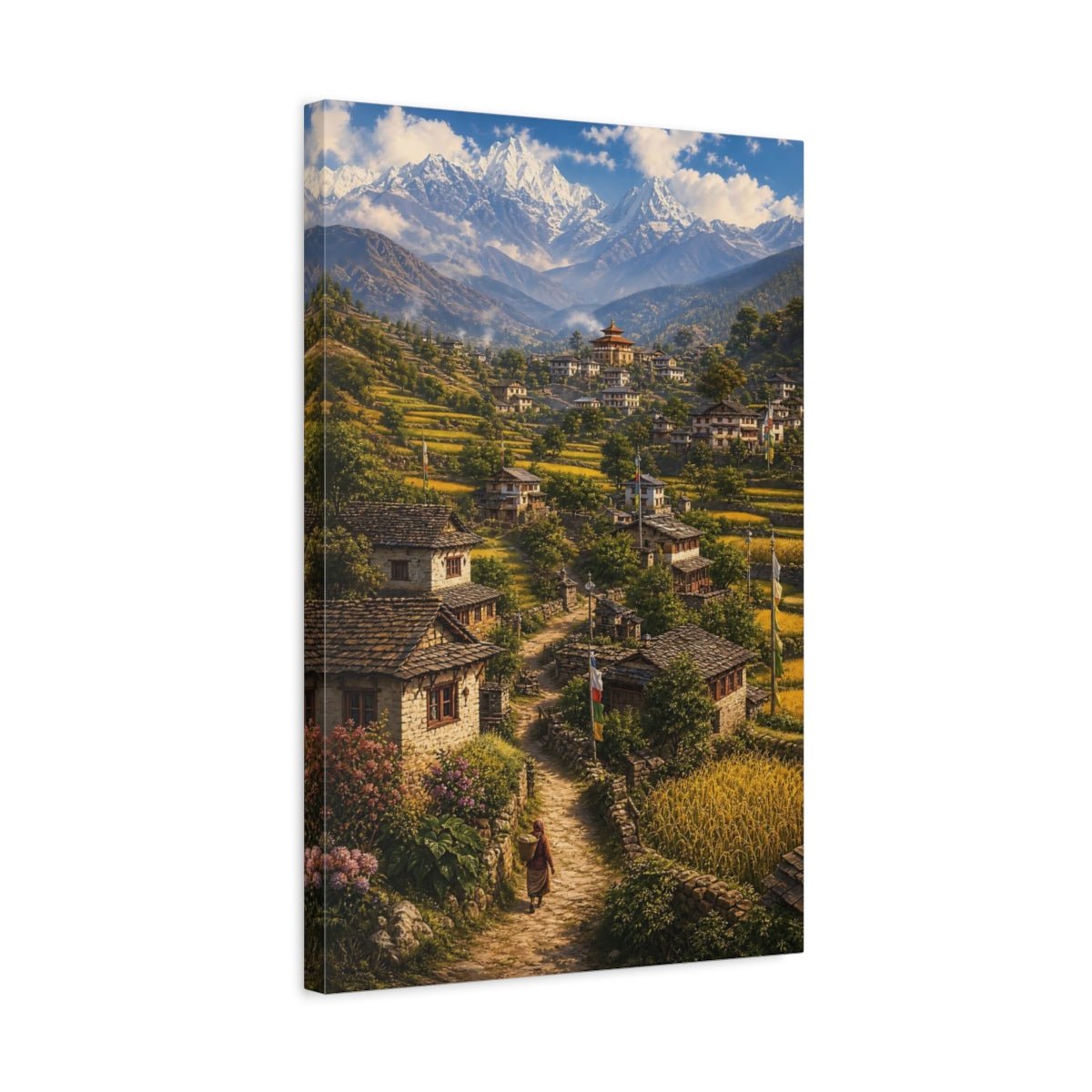 Nature Himalayan Village Green And Gold Canvas Print – realistic Living Room, Above Console Table - YesArtYes