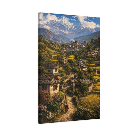 Nature Himalayan Village Green And Gold Canvas Print – realistic Living Room, Above Console Table - YesArtYes