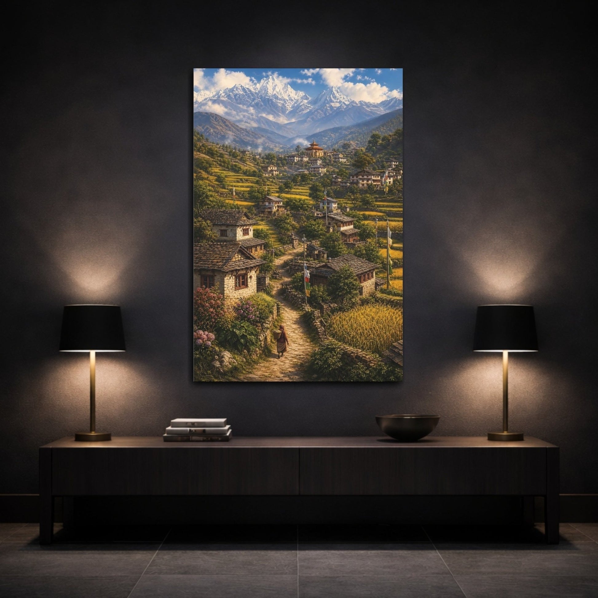 Nature Himalayan Village Green And Gold Canvas Print – realistic Living Room, Above Console Table - YesArtYes