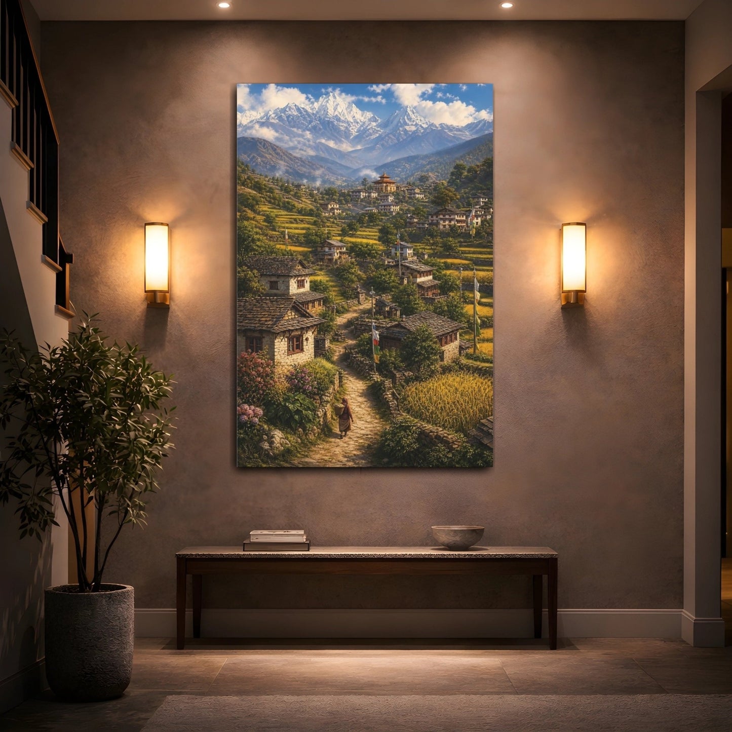 Nature Himalayan Village Green And Gold Canvas Print – realistic Living Room, Above Console Table - YesArtYes