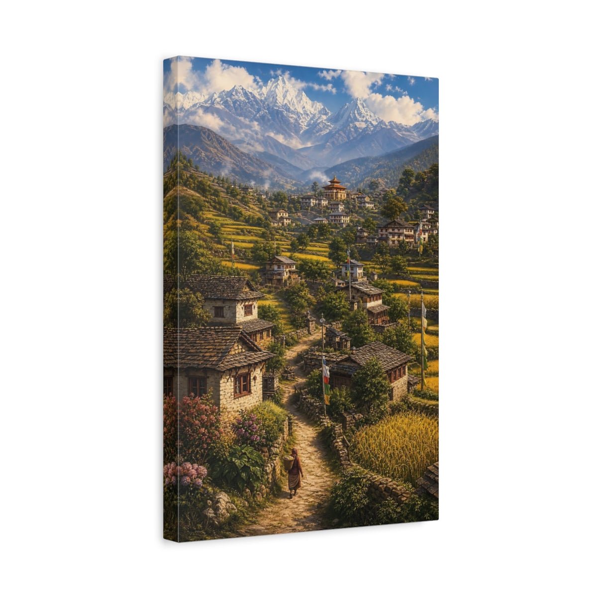 Nature Himalayan Village Green And Gold Canvas Print – realistic Living Room, Above Console Table - YesArtYes