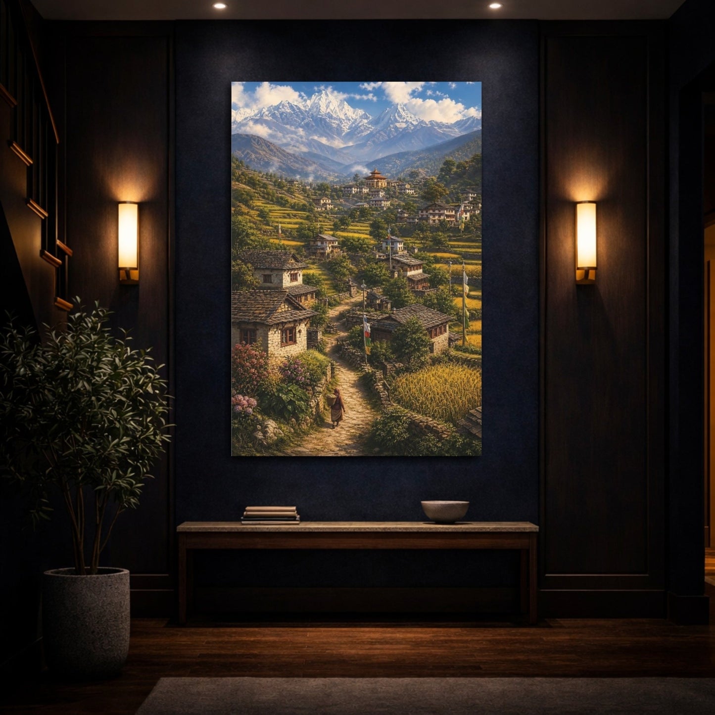 Nature Himalayan Village Green And Gold Canvas Print – realistic Living Room, Above Console Table - YesArtYes
