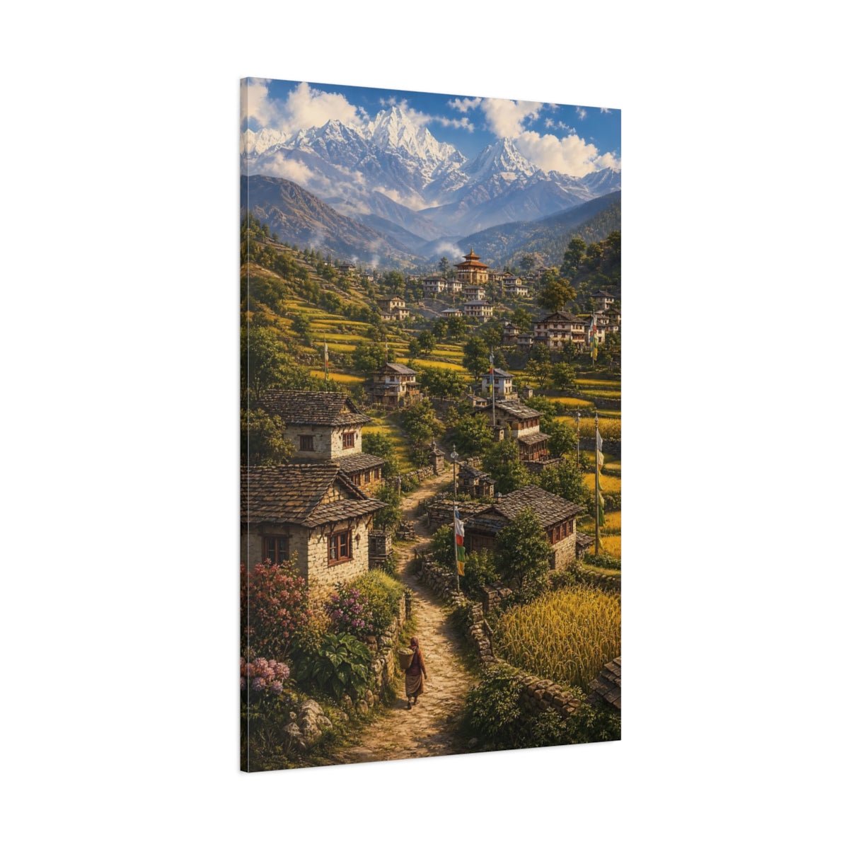 Nature Himalayan Village Green And Gold Canvas Print – realistic Living Room, Above Console Table - YesArtYes