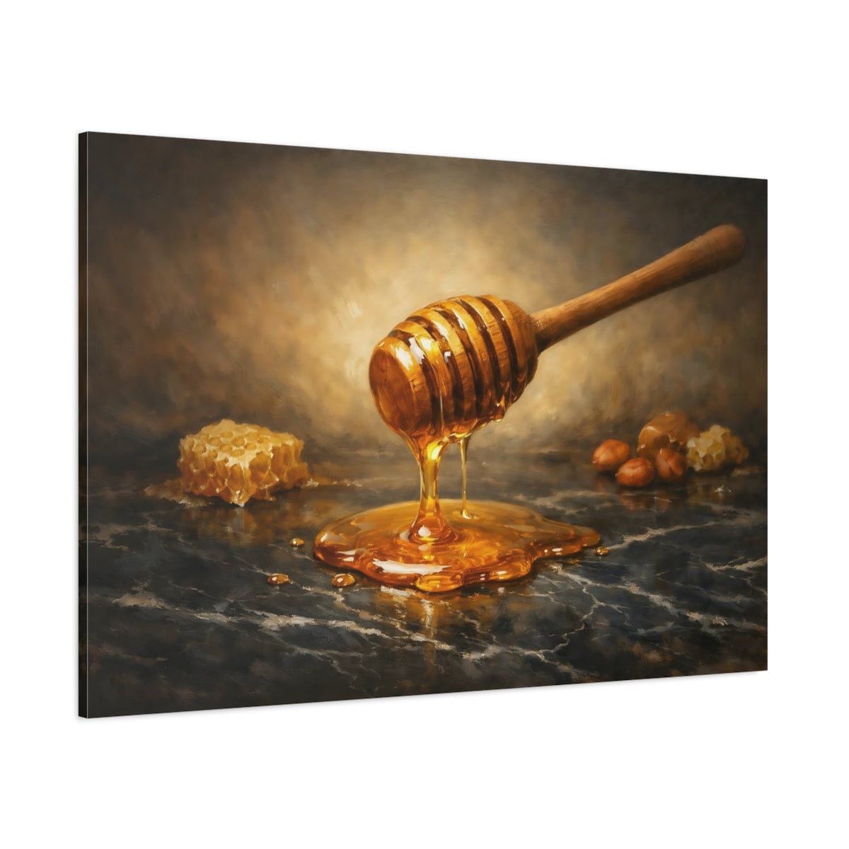 Main Mockup. Nature Honey Dipper Brown And Gold shown as stretched canvas wall art