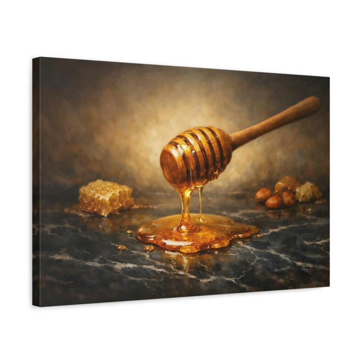 Side Mockup 3. Nature Honey Dipper Brown And Gold shown as stretched canvas wall art