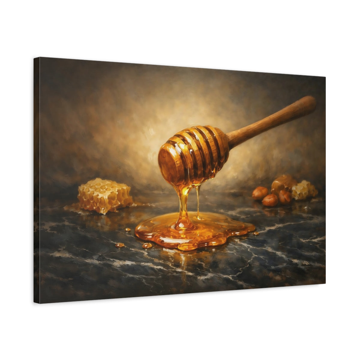 Side Mockup 2. Nature Honey Dipper Brown And Gold shown as stretched canvas wall art