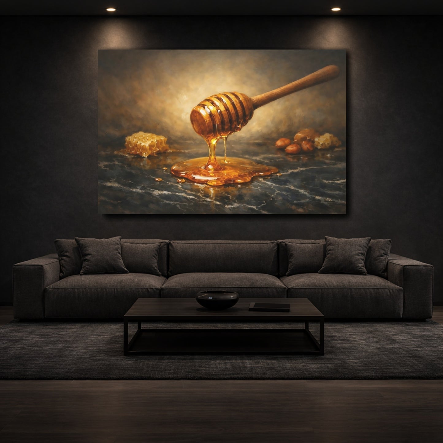 Mockup 2. Nature Honey Dipper Brown And Gold shown as stretched canvas wall art