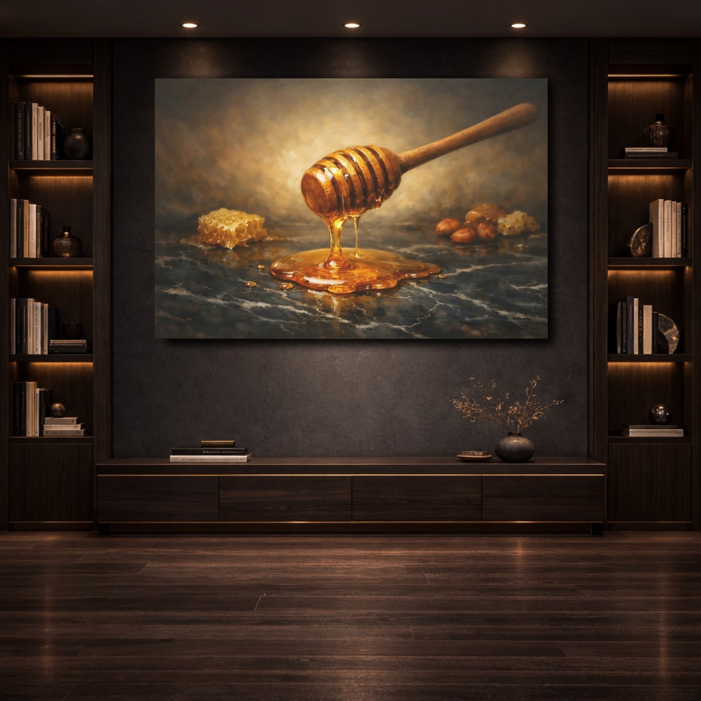 Mockup 3. Nature Honey Dipper Brown And Gold shown as stretched canvas wall art