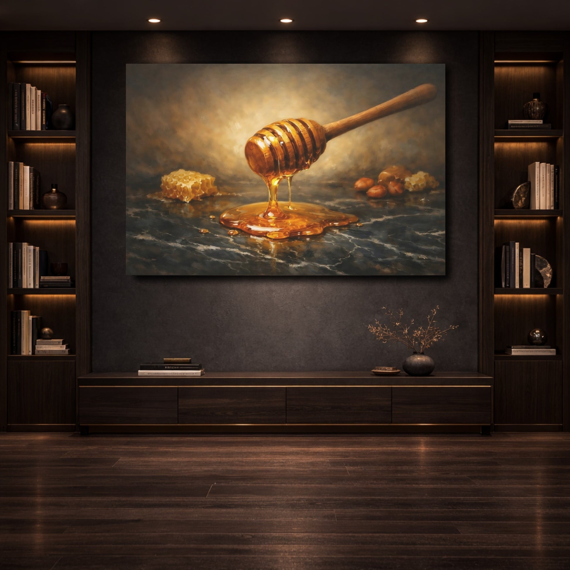 Mockup 3. Nature Honey Dipper Brown And Gold shown as stretched canvas wall art