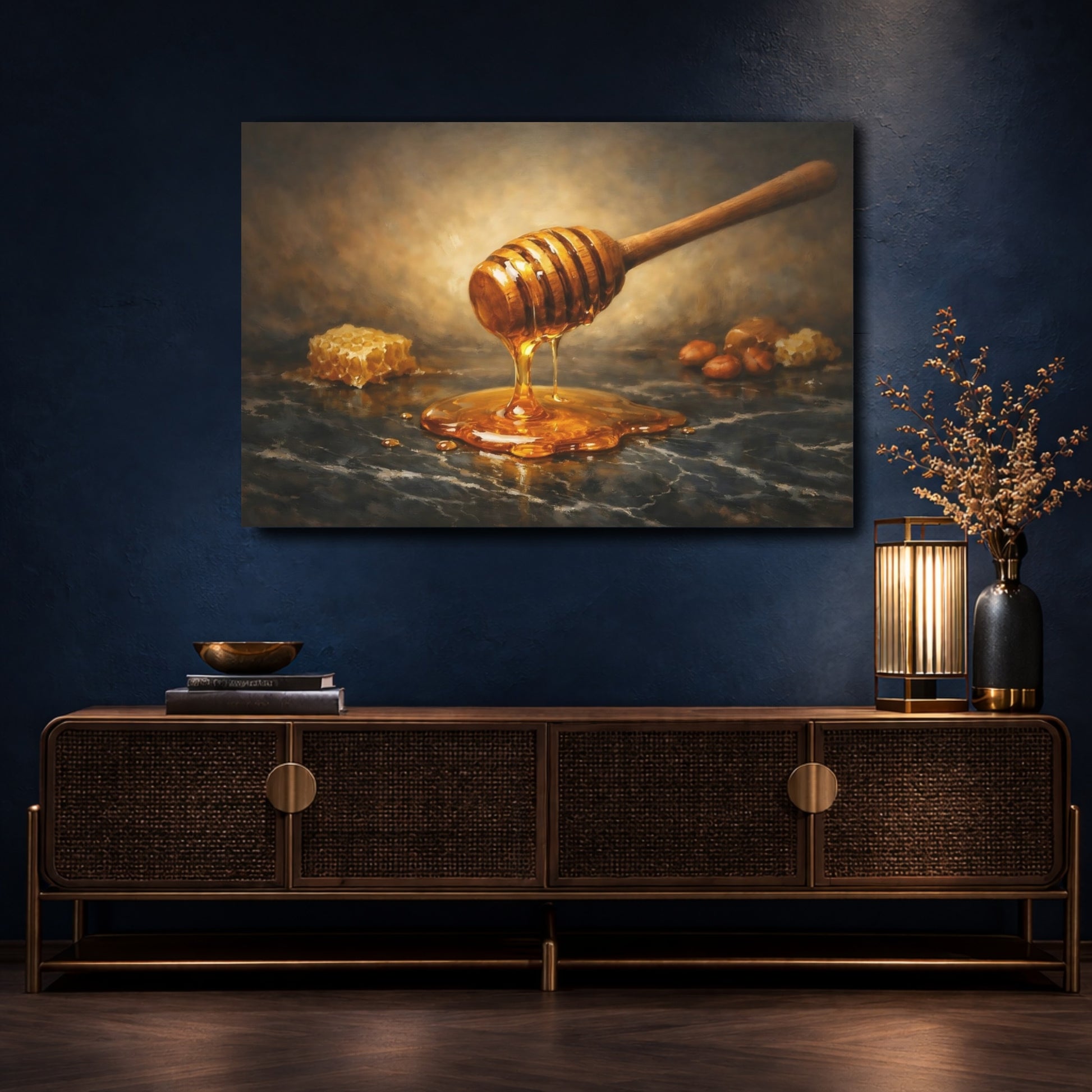 Mockup 4. Nature Honey Dipper Brown And Gold shown as stretched canvas wall art