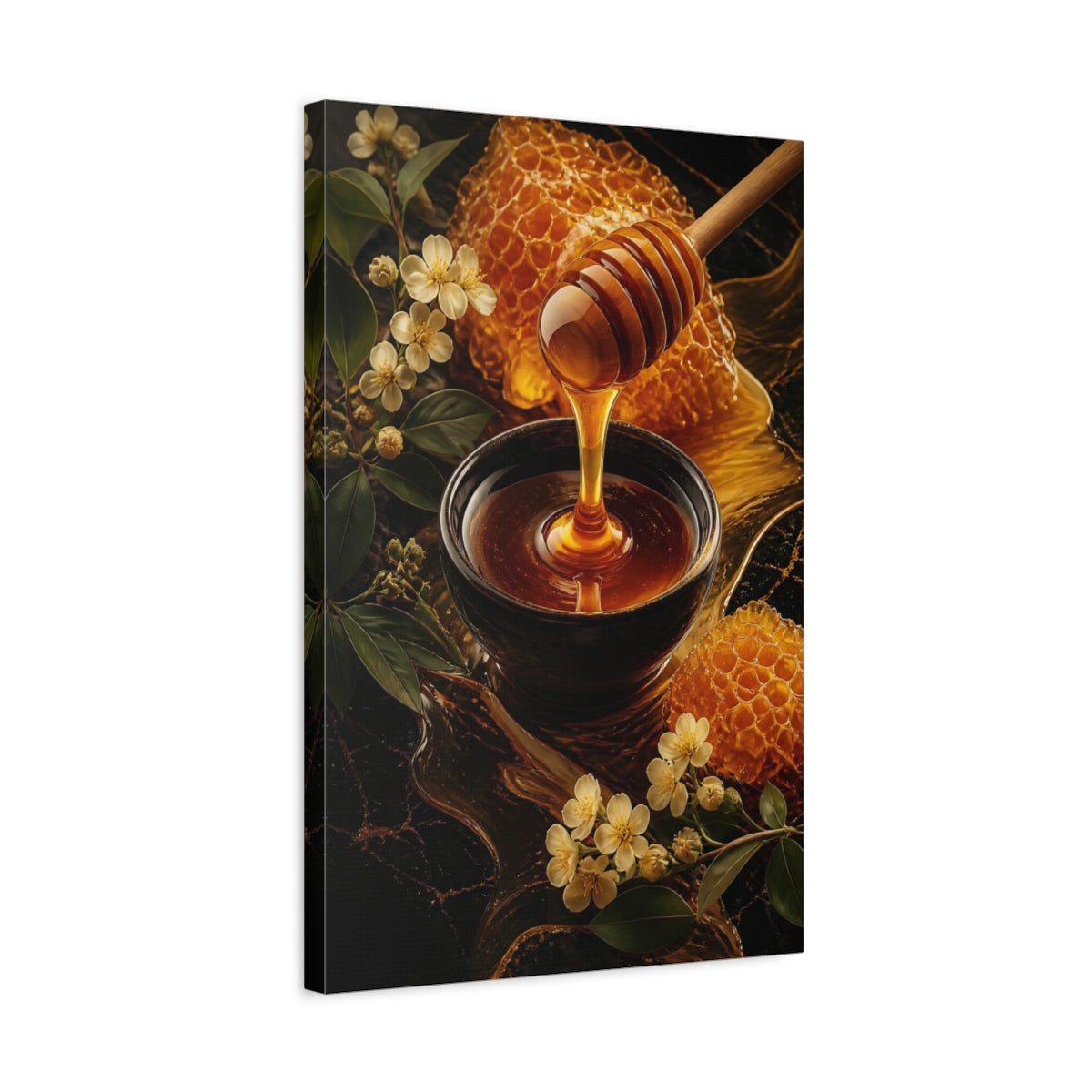 Side Mockup 3. Nature Honey Dipper Golden Honey shown as stretched canvas wall art