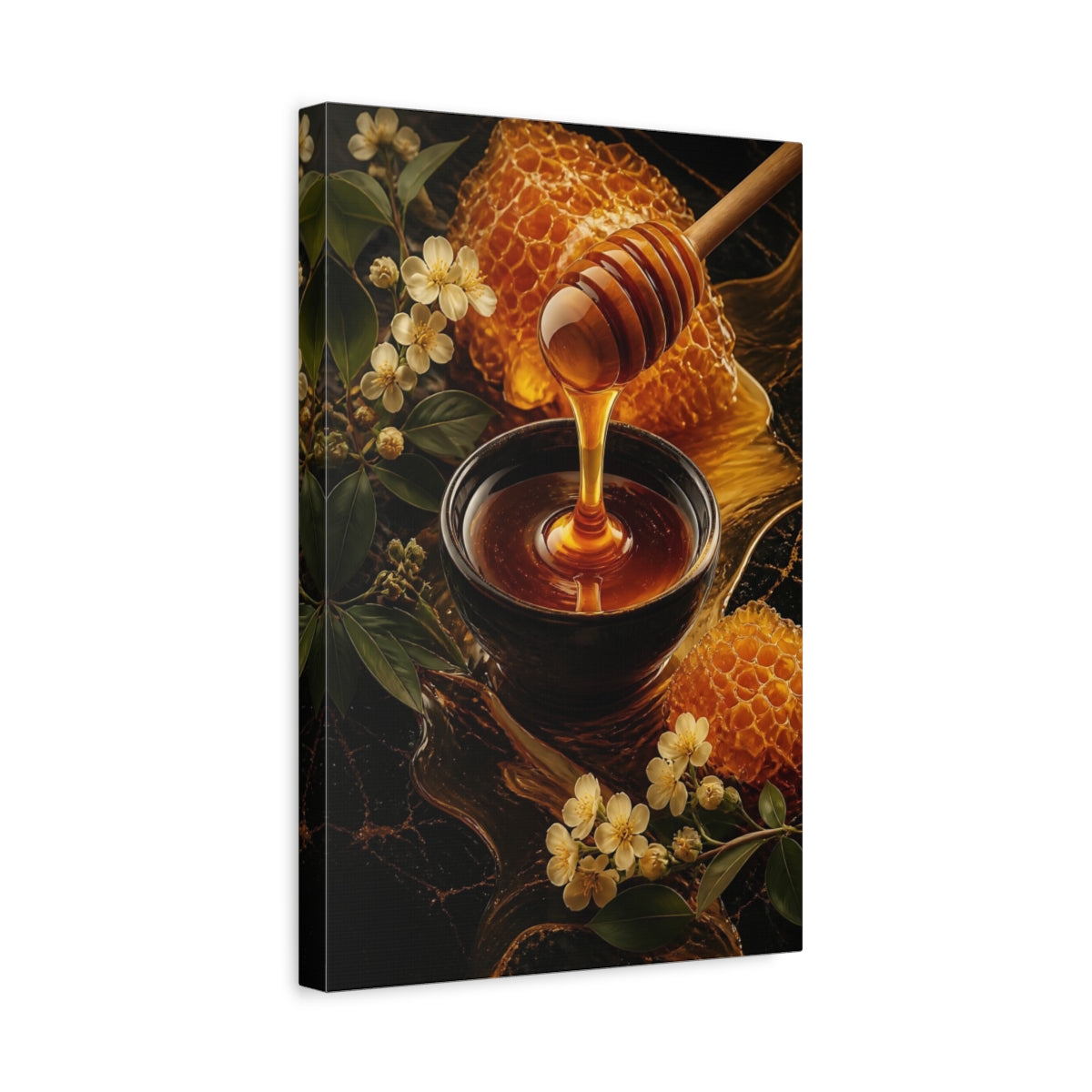 Side Mockup 4. Nature Honey Dipper Golden Honey shown as stretched canvas wall art