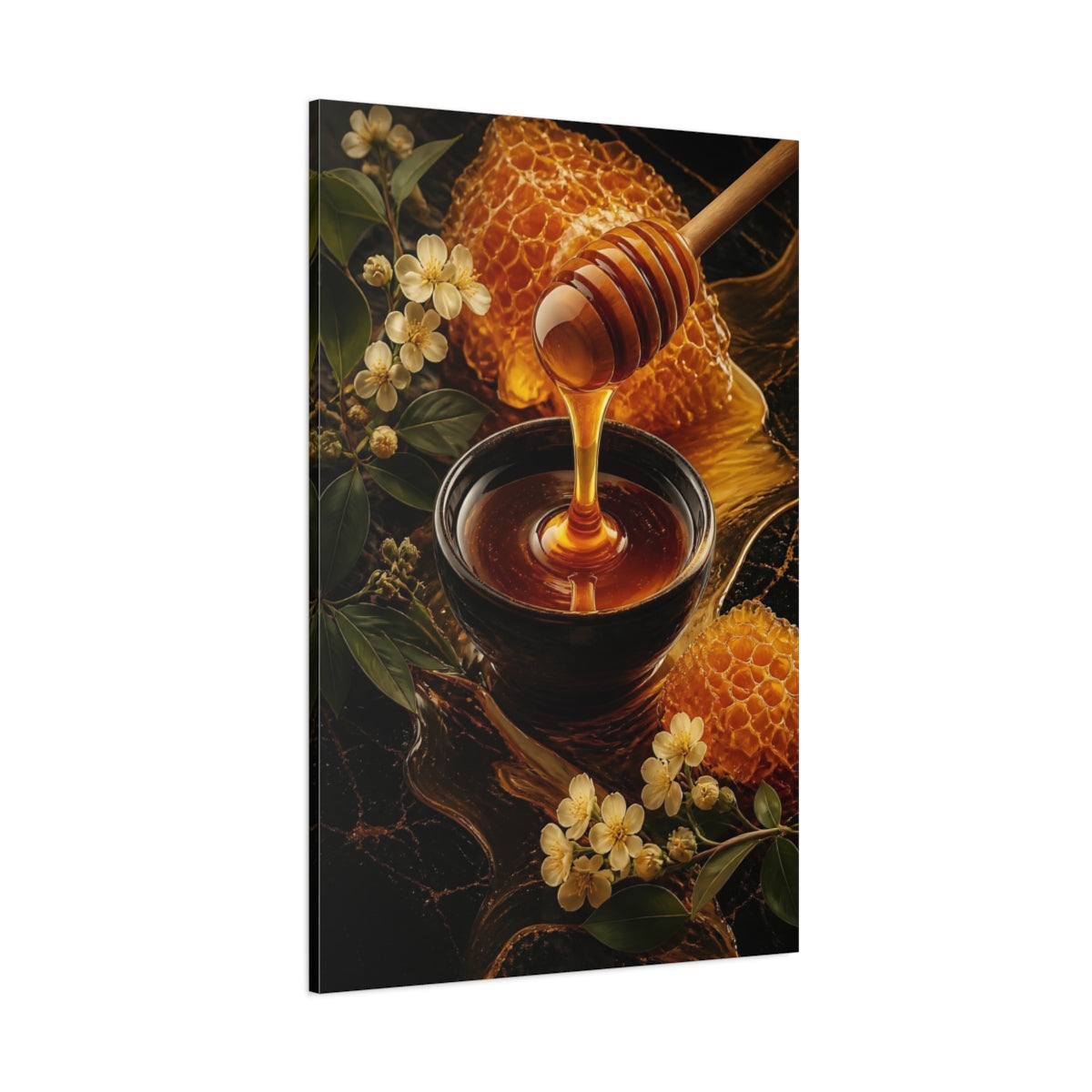 Side Mockup 1. Nature Honey Dipper Golden Honey shown as stretched canvas wall art