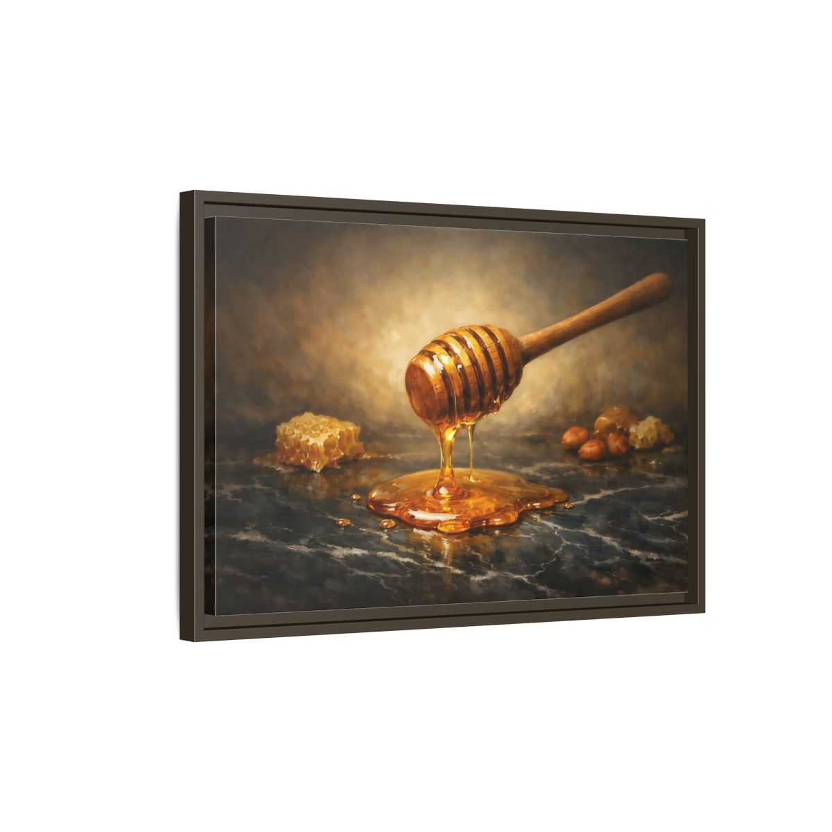 Side Mockup 2. Nature Honey Dipper Golden Honey shown as stretched canvas wall art