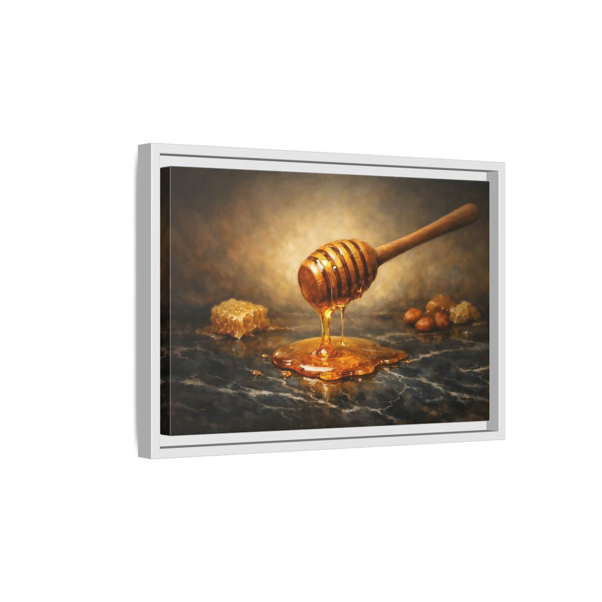 Side Mockup 4. Nature Honey Dipper Golden Honey shown as stretched canvas wall art