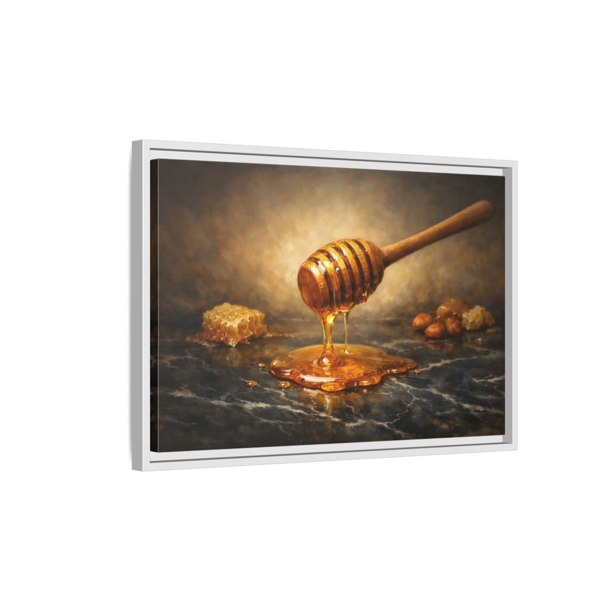 Side Mockup 1. Nature Honey Dipper Golden Honey shown as stretched canvas wall art