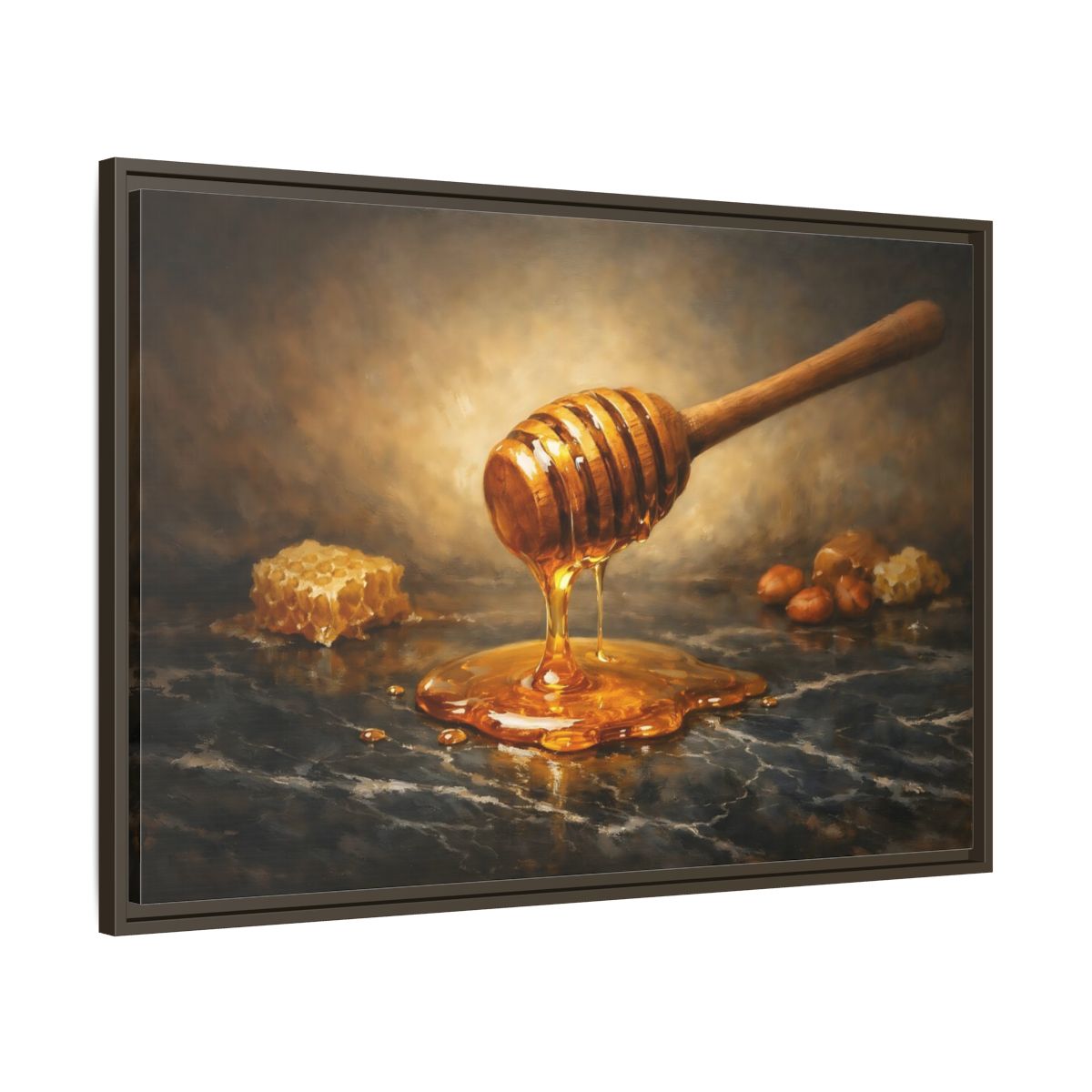 Side Mockup 9. Nature Honey Dipper Golden Honey shown as stretched canvas wall art