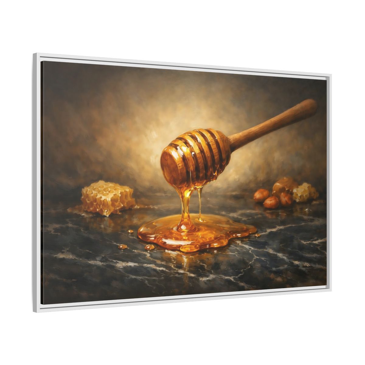 Side Mockup 7. Nature Honey Dipper Golden Honey shown as stretched canvas wall art