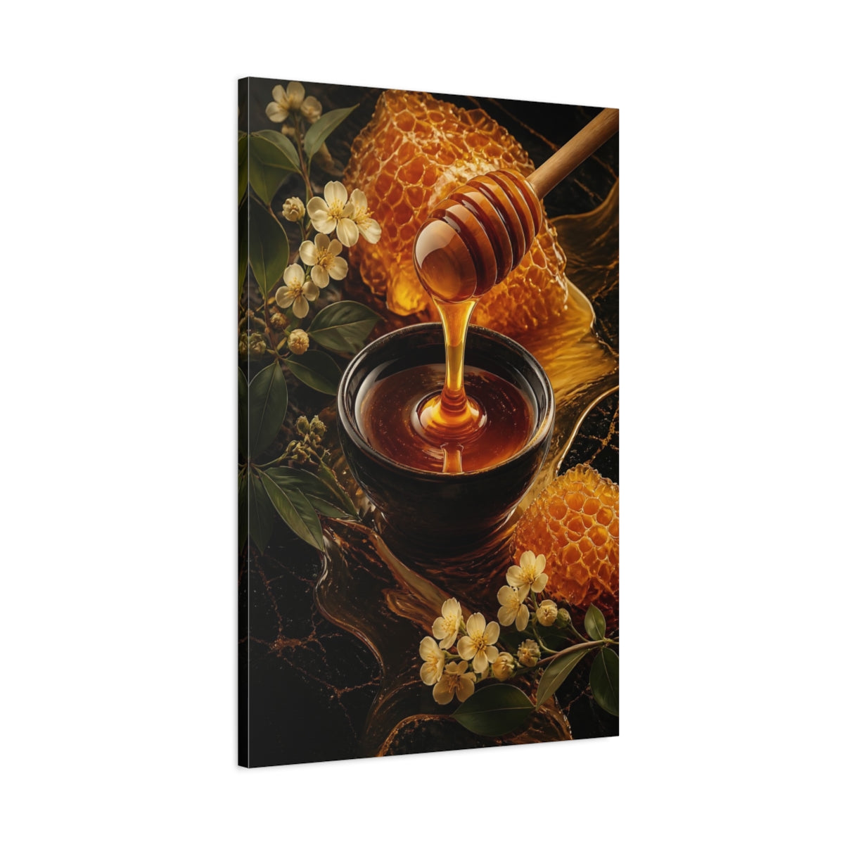 Main Mockup. Nature Honey Dipper Golden Honey shown as stretched canvas wall art