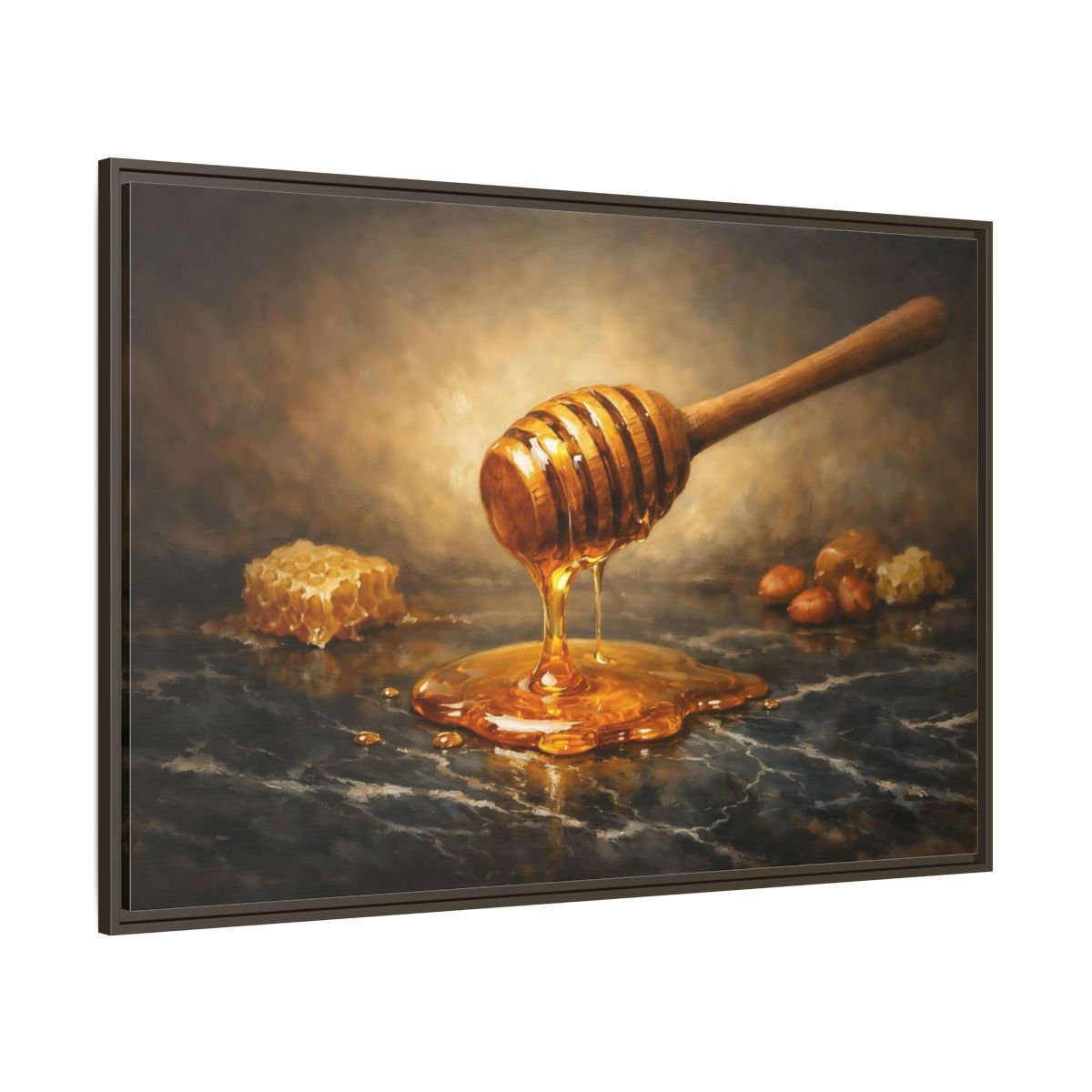 Main Mockup. Nature Honey Dipper Golden Honey shown as stretched canvas wall art