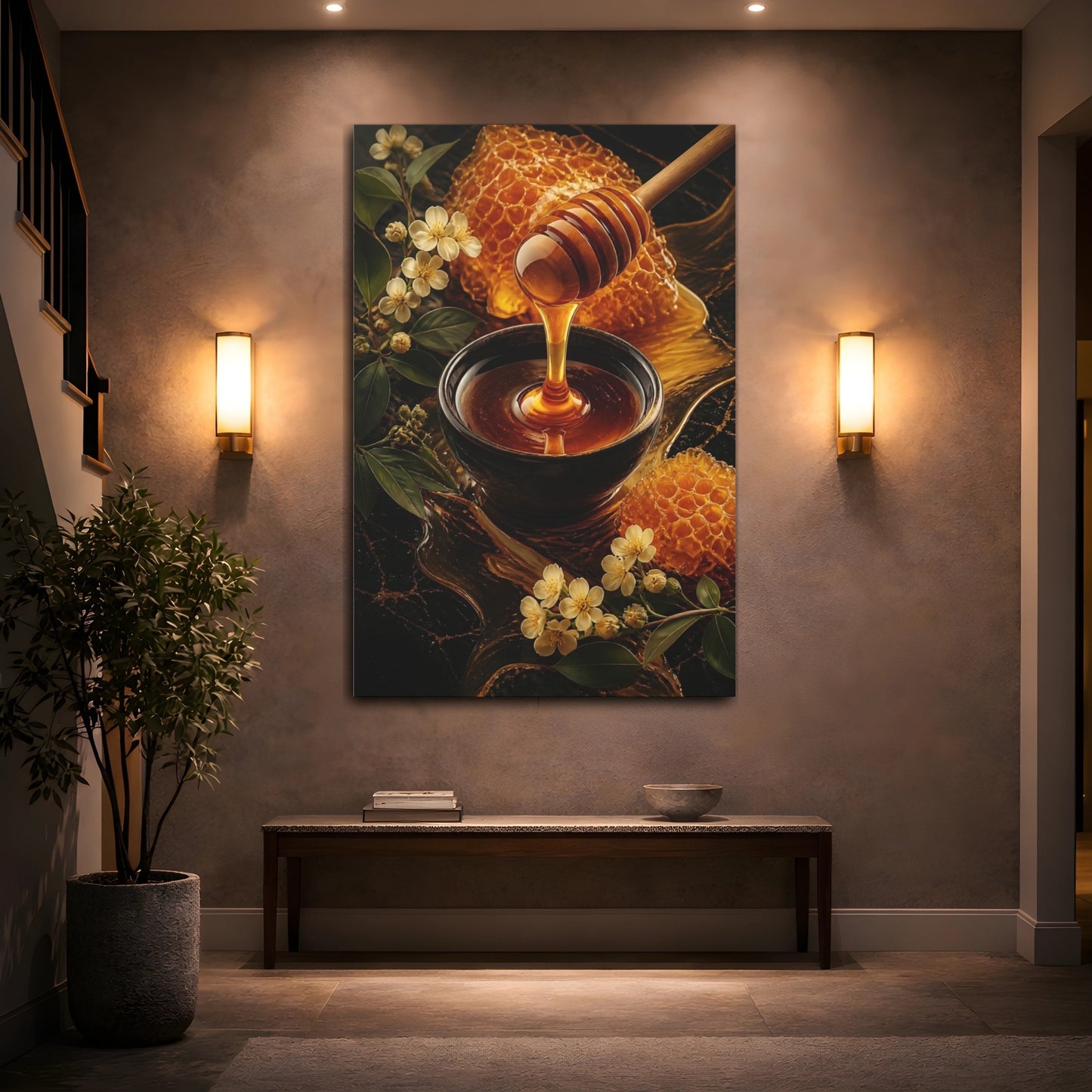 Mockup 2. Nature Honey Dipper Golden Honey shown as stretched canvas wall art