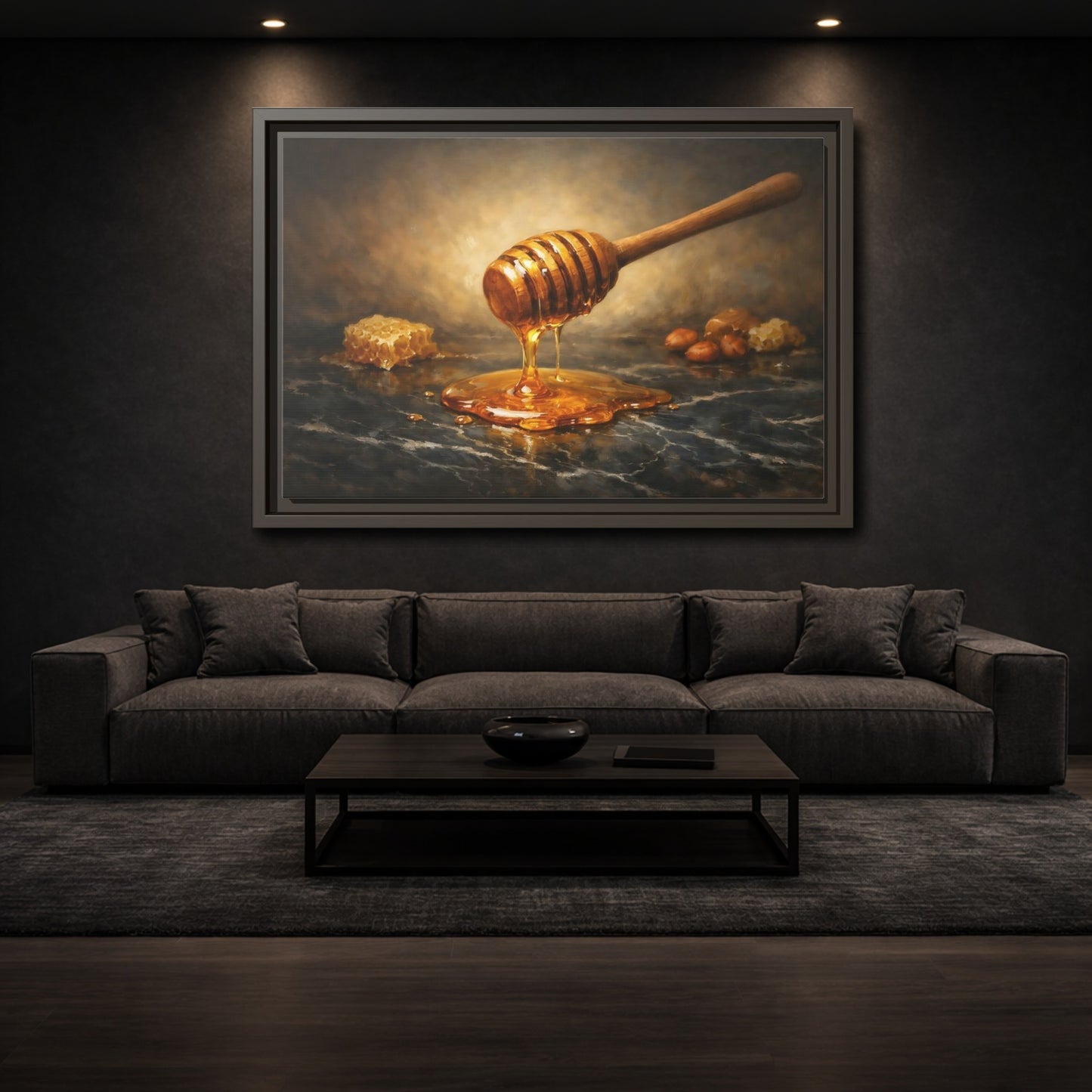 Mockup 2. Nature Honey Dipper Golden Honey shown as stretched canvas wall art