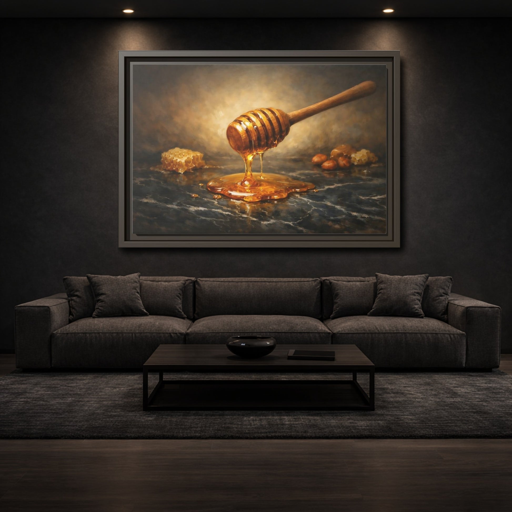 Mockup 2. Nature Honey Dipper Golden Honey shown as stretched canvas wall art