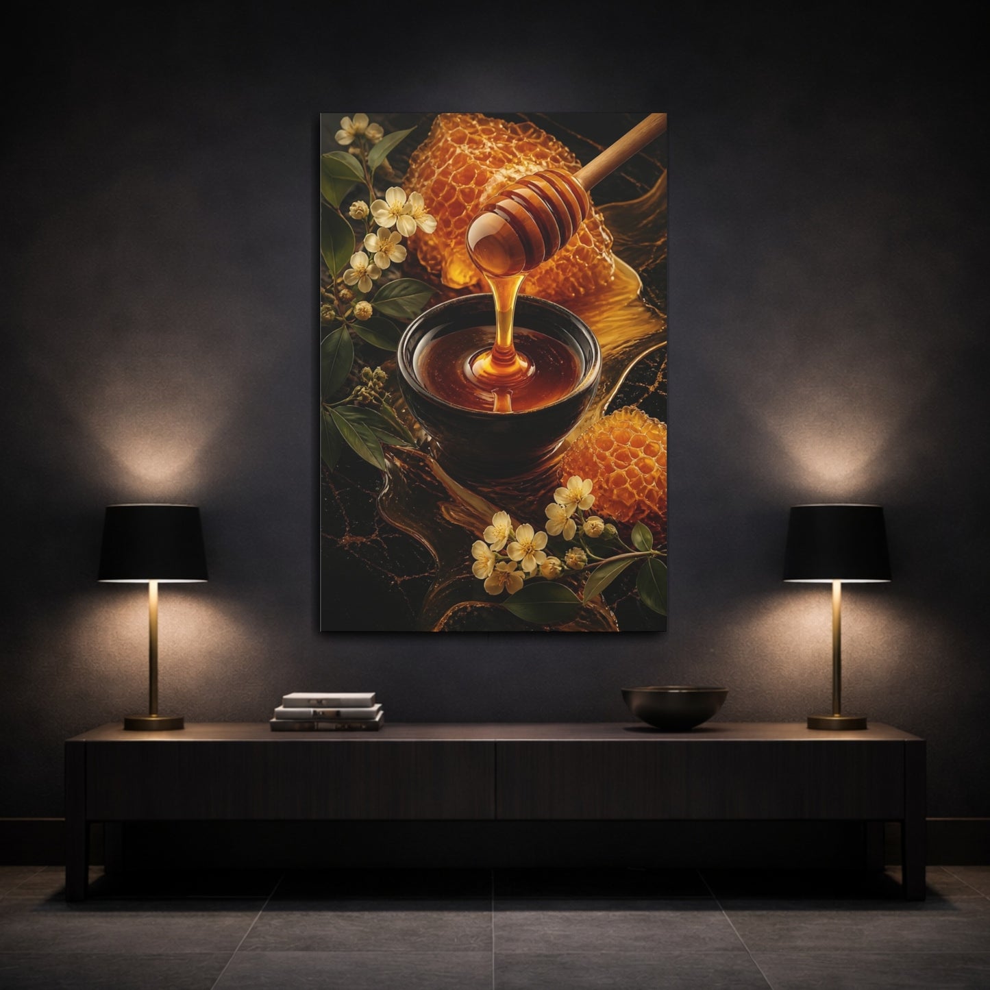 Mockup 3. Nature Honey Dipper Golden Honey shown as stretched canvas wall art
