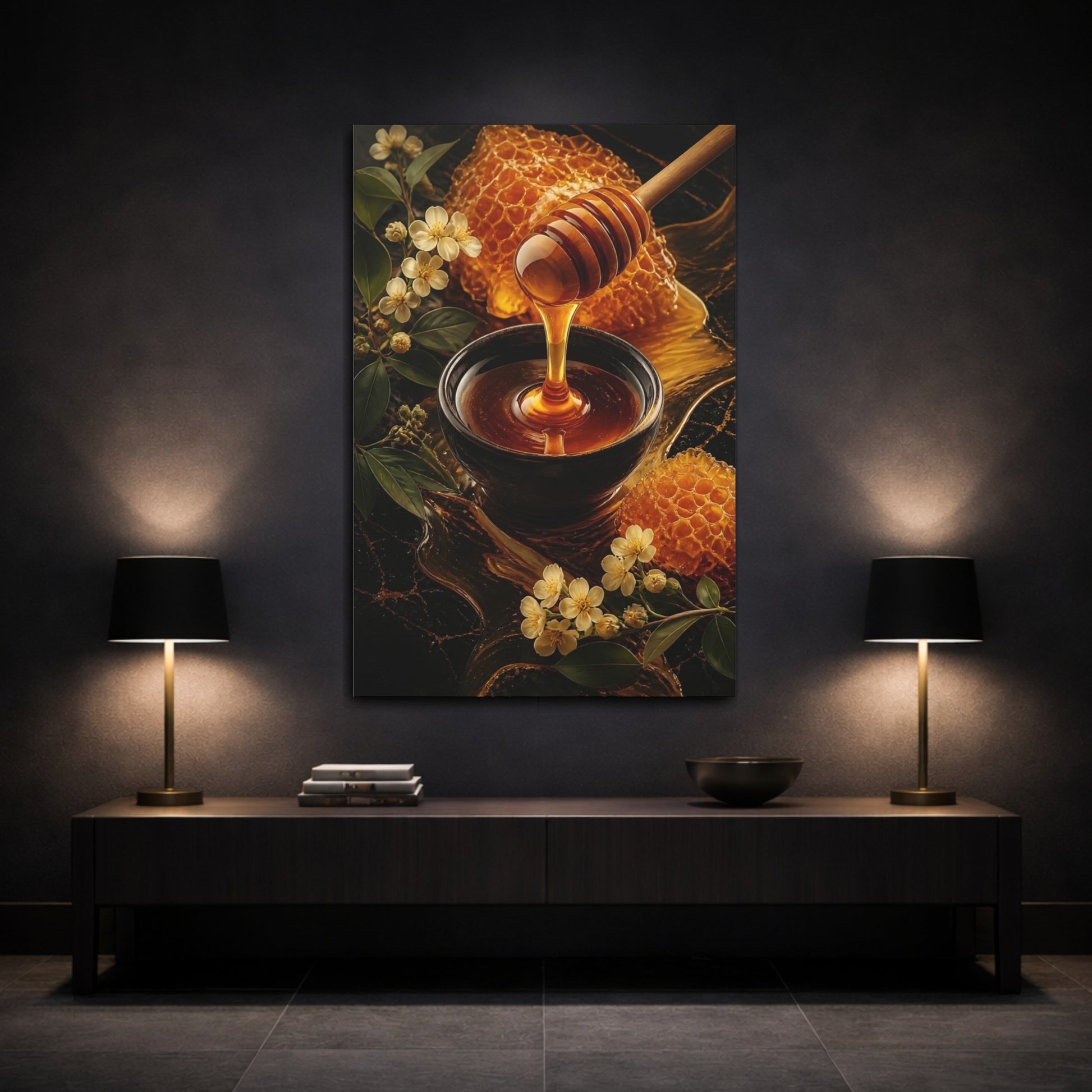 Mockup 3. Nature Honey Dipper Golden Honey shown as stretched canvas wall art