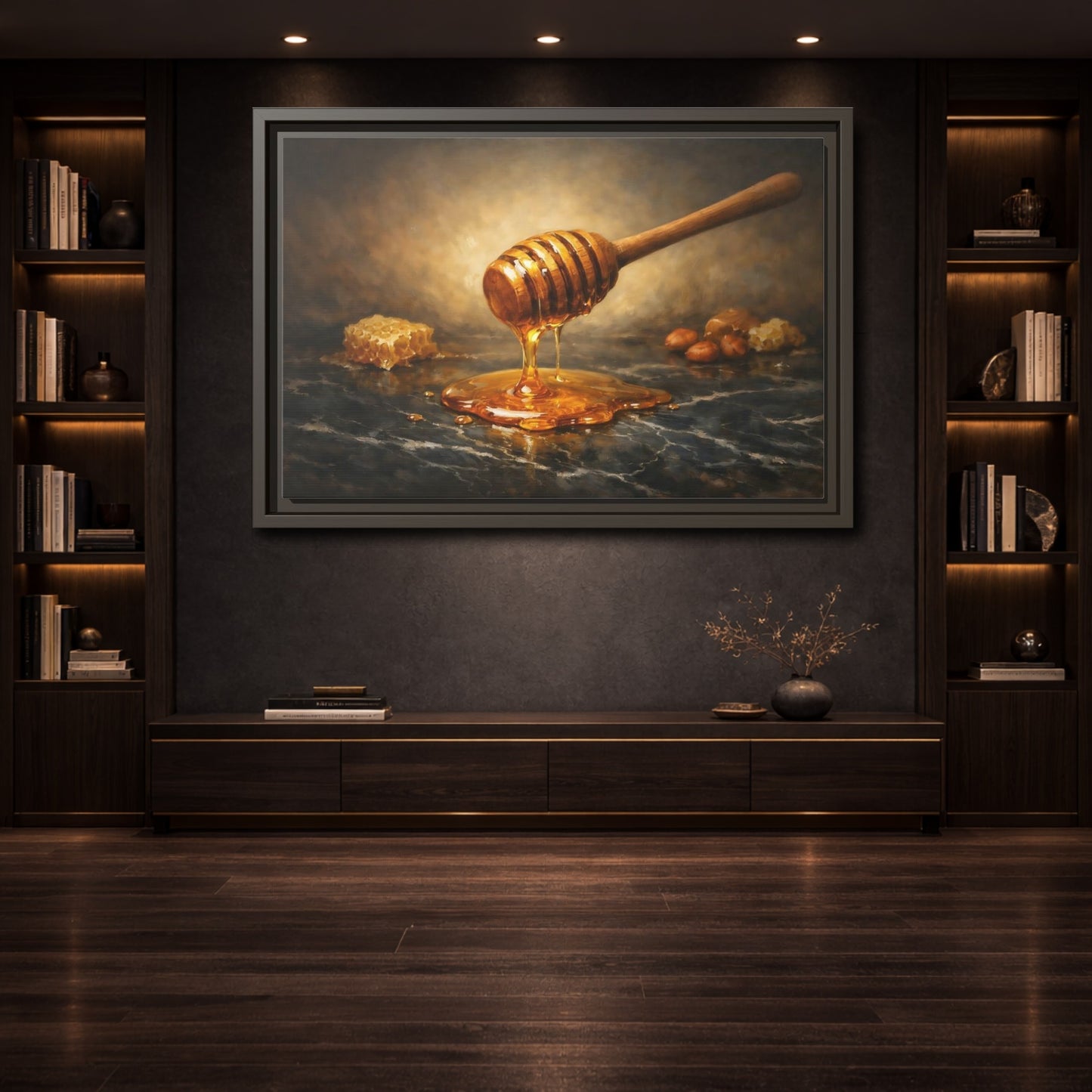 Mockup 3. Nature Honey Dipper Golden Honey shown as stretched canvas wall art