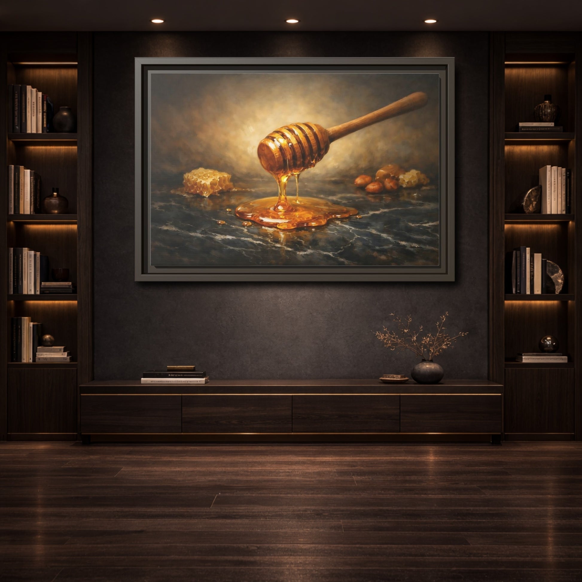 Mockup 3. Nature Honey Dipper Golden Honey shown as stretched canvas wall art