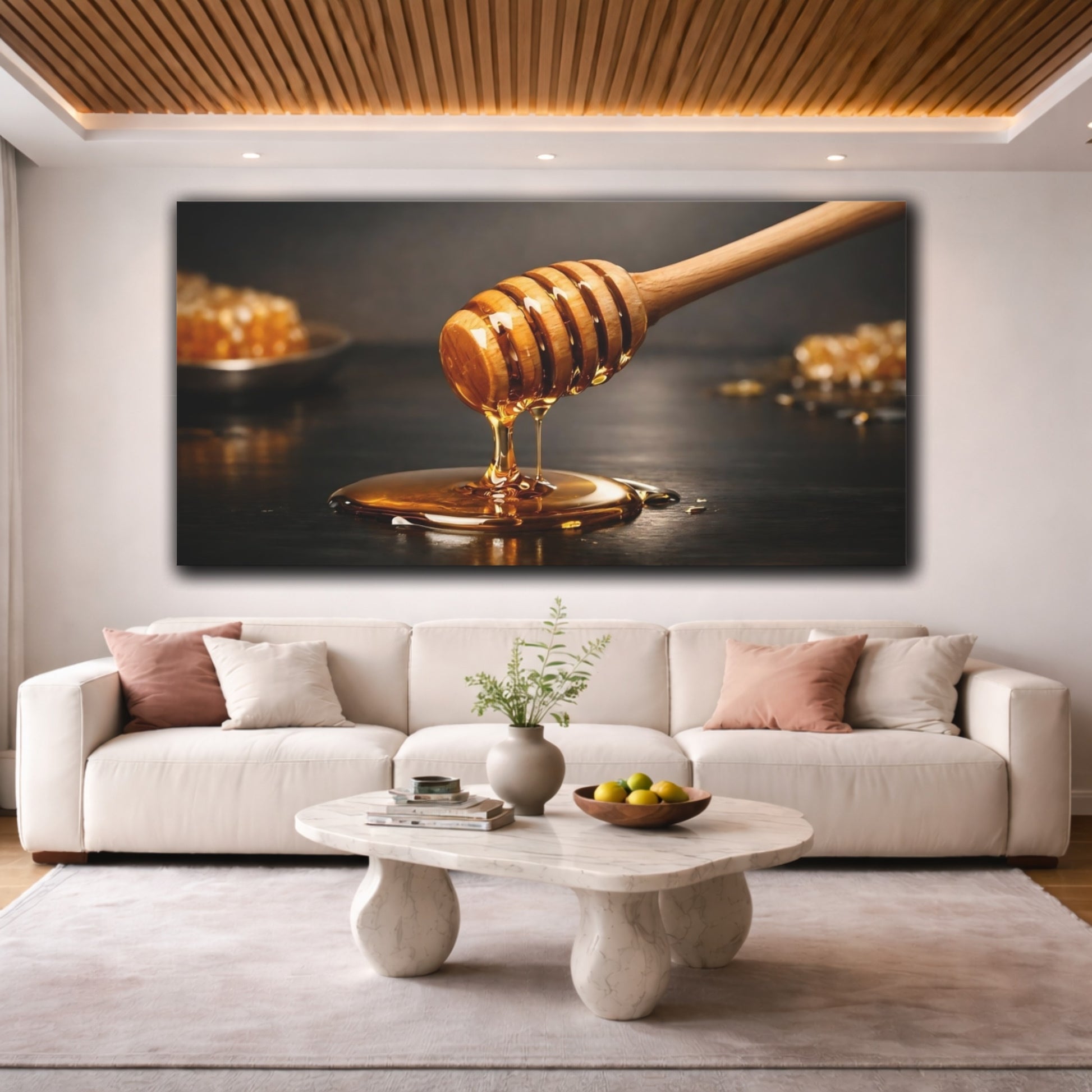 Mockup 3. Nature Honey Dipper Golden Honey shown as stretched canvas wall art
