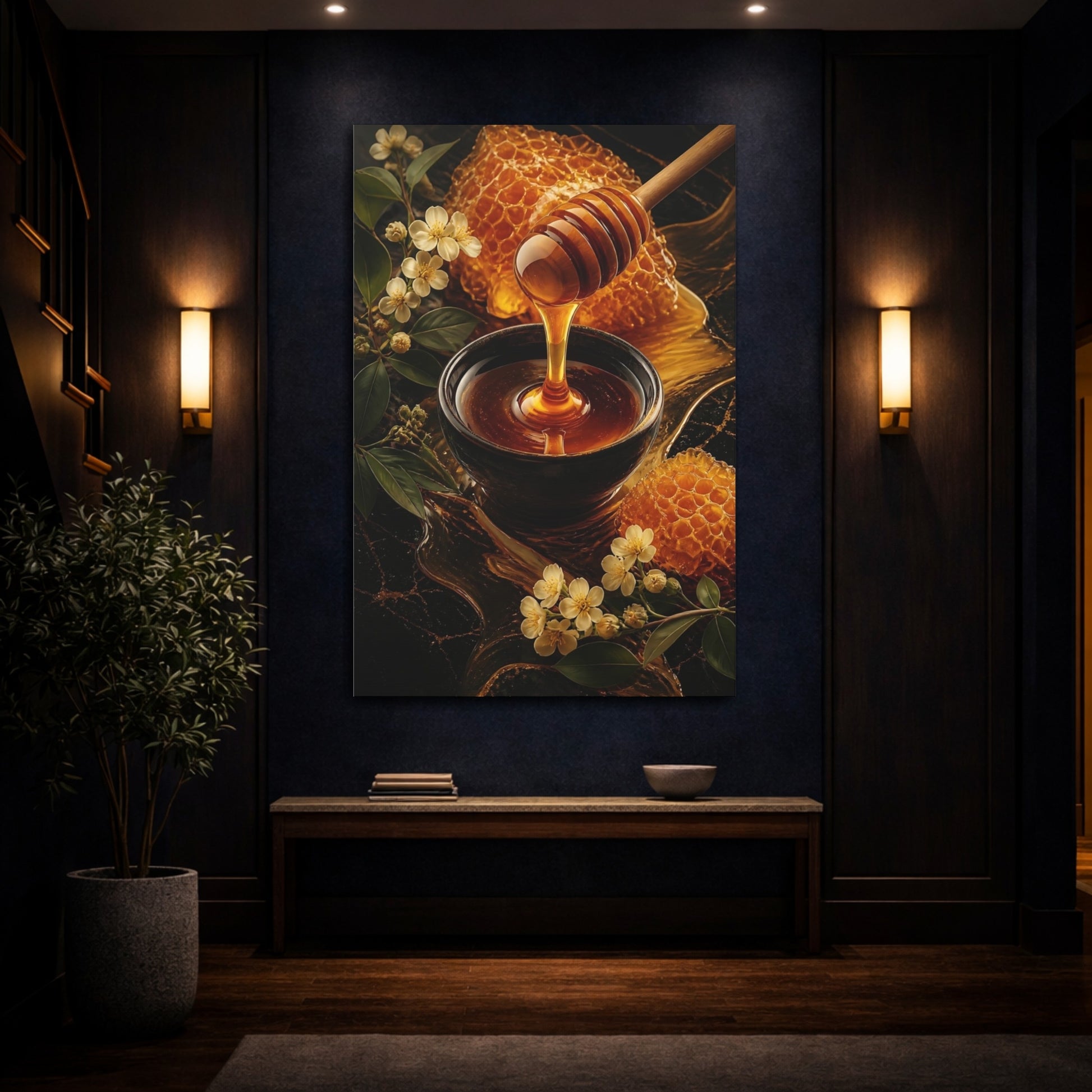 Mockup 4. Nature Honey Dipper Golden Honey shown as stretched canvas wall art