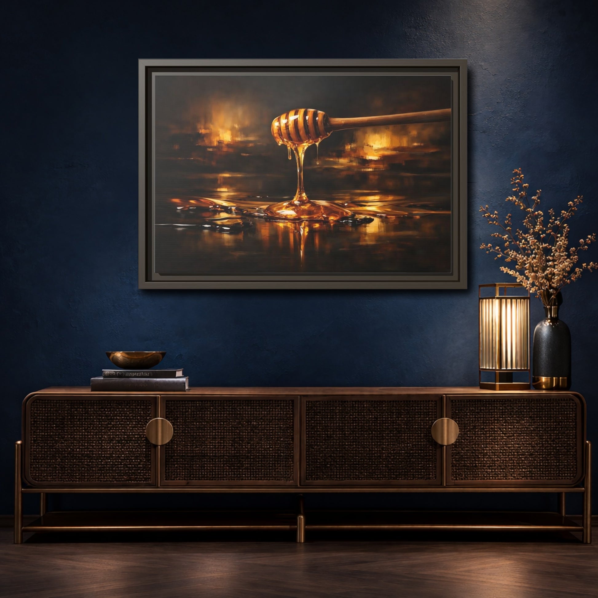 Mockup 4. Nature Honey Dipper Golden Honey shown as stretched canvas wall art