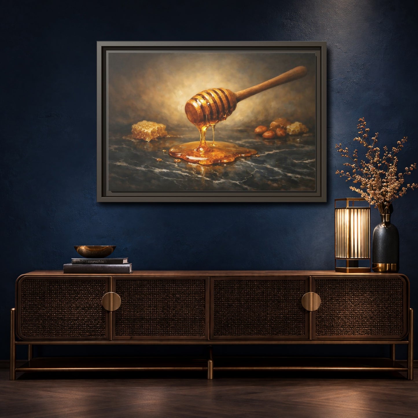 Mockup 4. Nature Honey Dipper Golden Honey shown as stretched canvas wall art