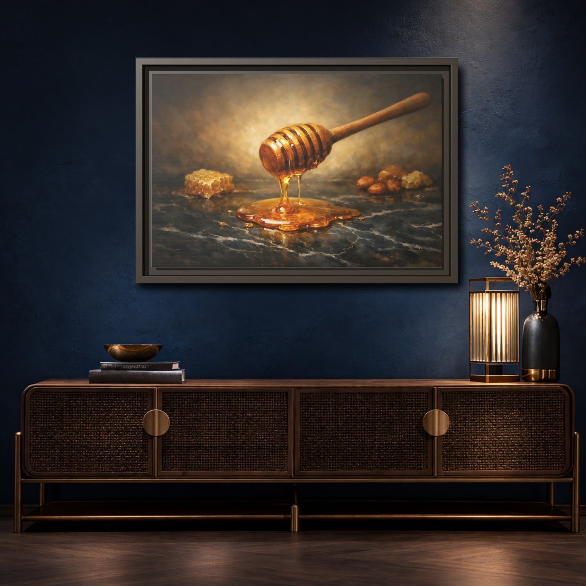 Mockup 4. Nature Honey Dipper Golden Honey shown as stretched canvas wall art