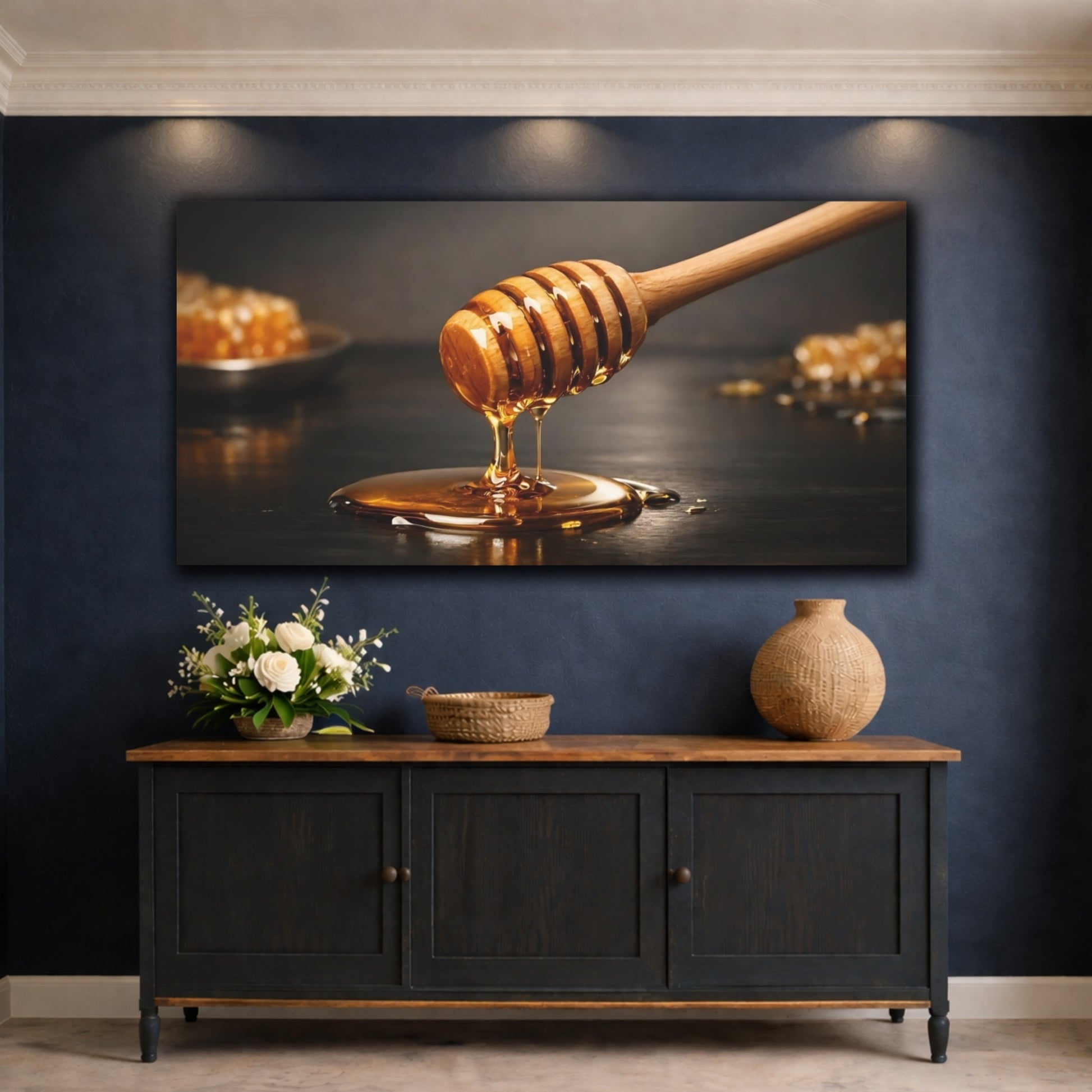 Mockup 4. Nature Honey Dipper Golden Honey shown as stretched canvas wall art