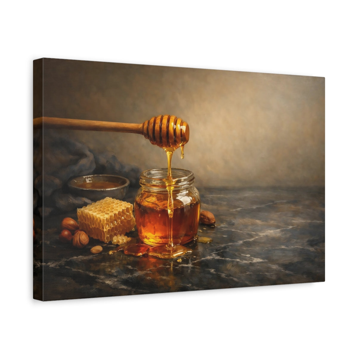 Side Mockup 4. Nature Honey Jar Golden Honey shown as stretched canvas wall art