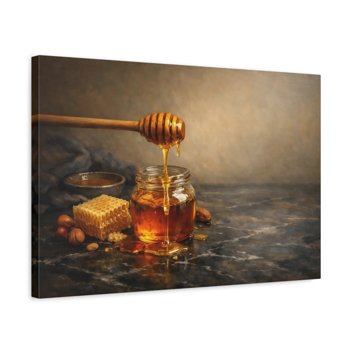 Side Mockup 3. Nature Honey Jar Golden Honey shown as stretched canvas wall art