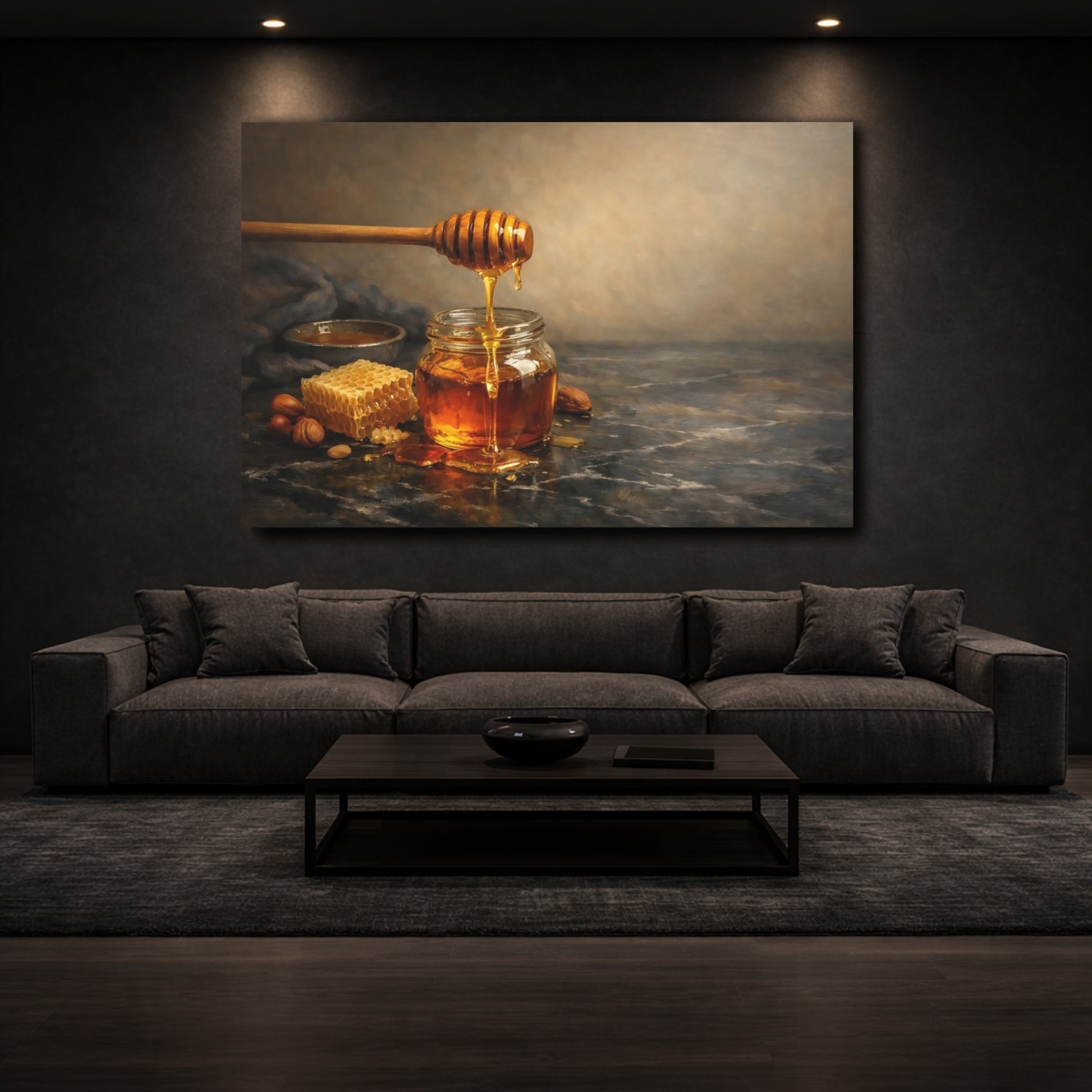 Mockup 2. Nature Honey Jar Golden Honey shown as stretched canvas wall art