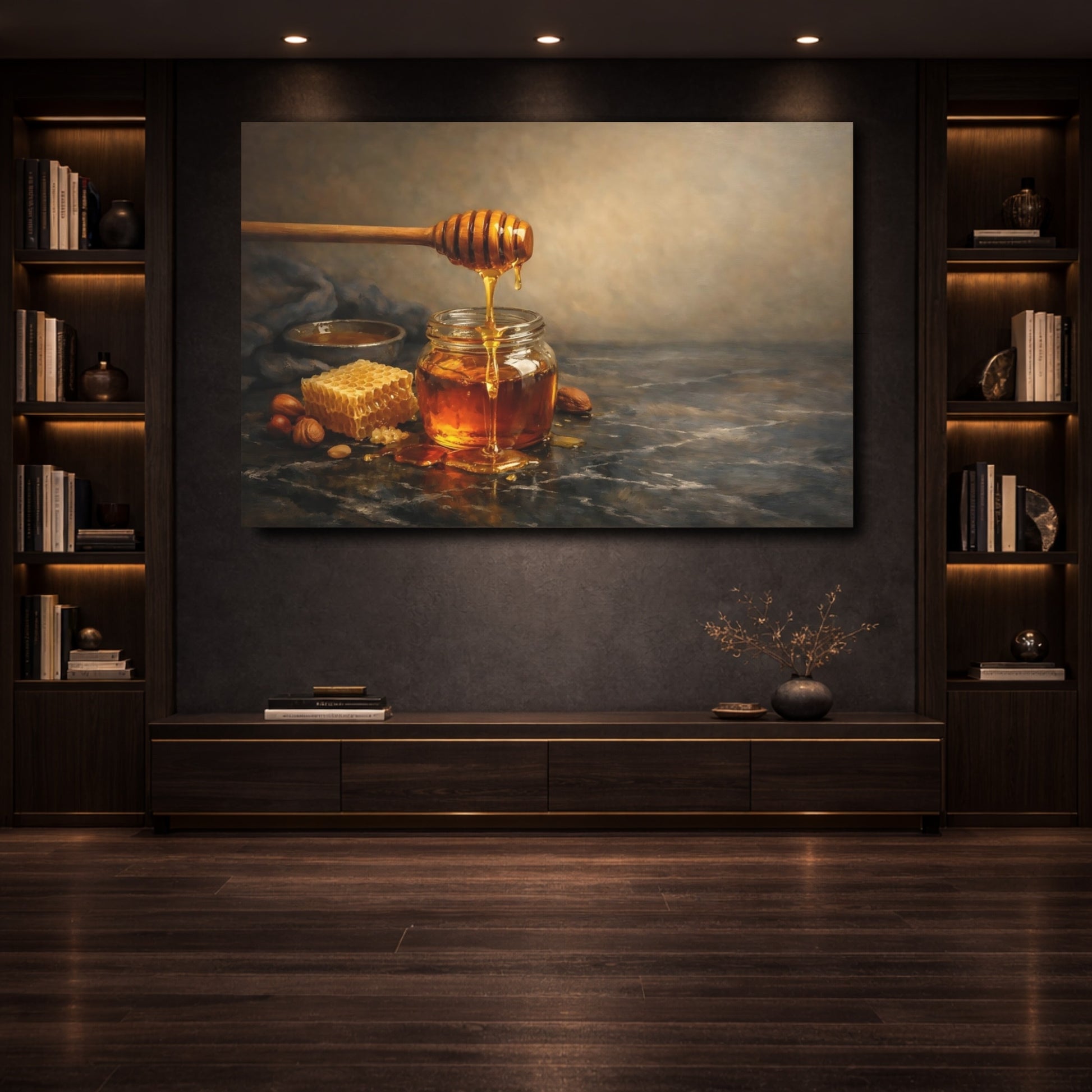 Mockup 3. Nature Honey Jar Golden Honey shown as stretched canvas wall art