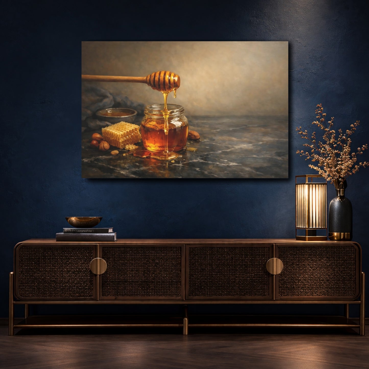 Mockup 4. Nature Honey Jar Golden Honey shown as stretched canvas wall art