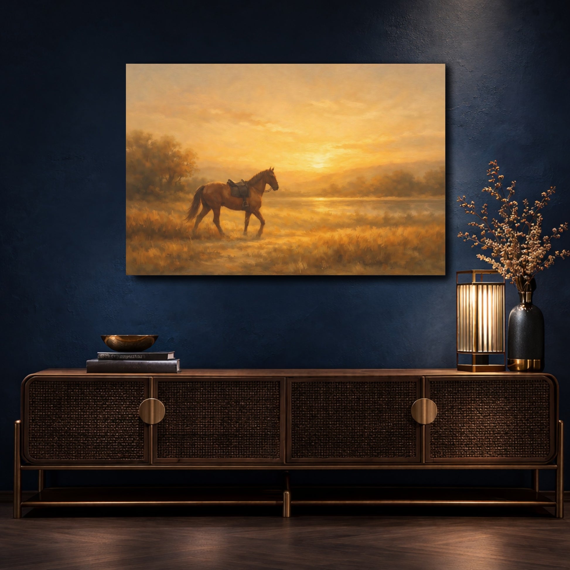 Mockup 4. Nature Horse Golden Hour Horse shown as stretched canvas wall art