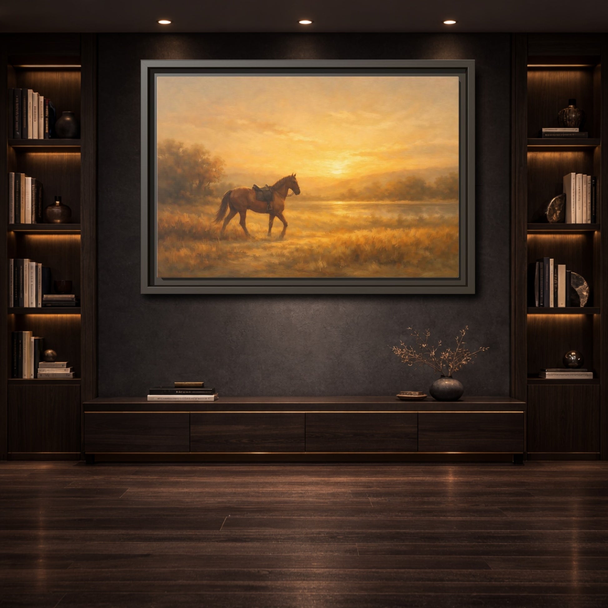 Mockup 3. Nature Horse Golden Sunset shown as stretched canvas wall art