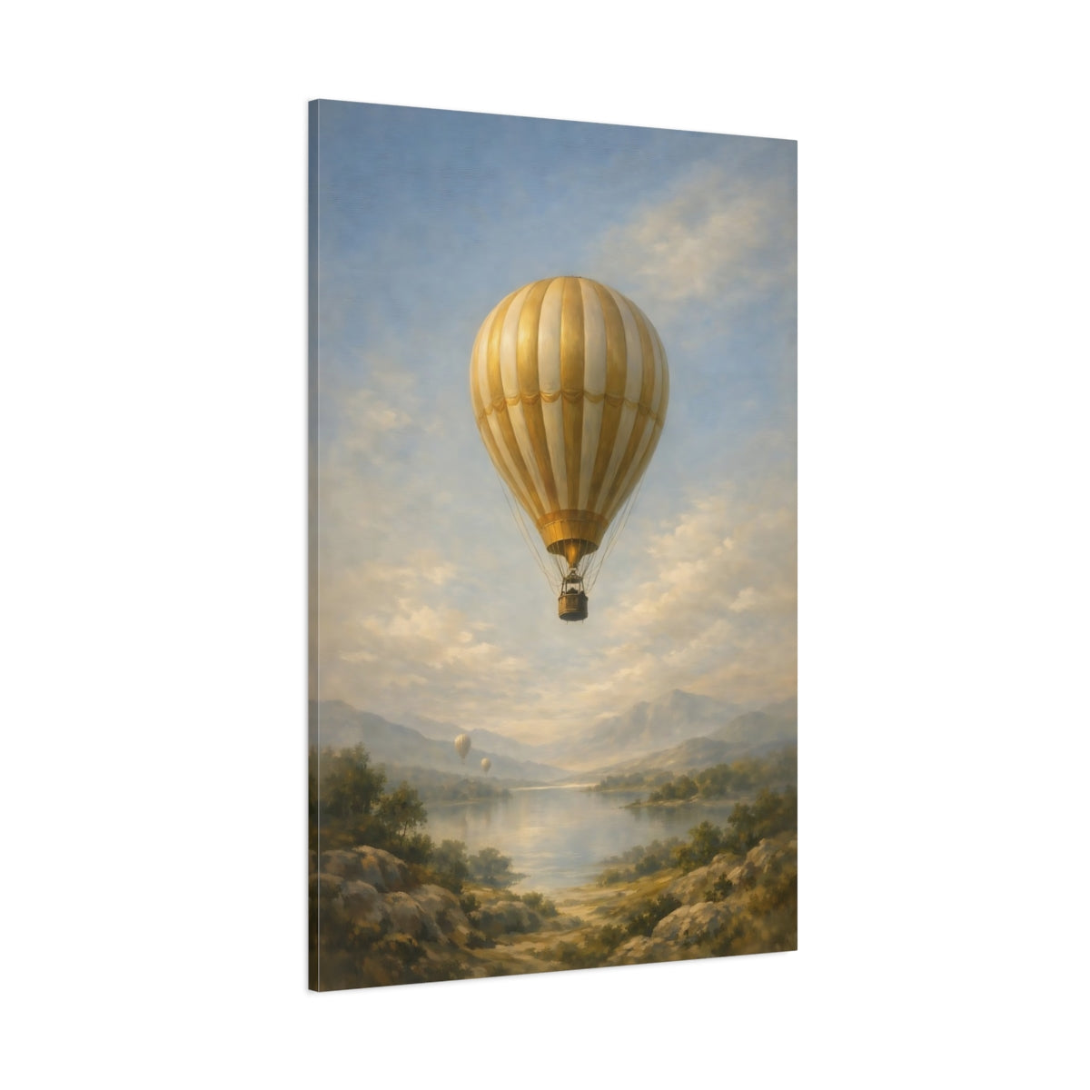Main Mockup. Nature Hot Air Balloon Gold Blue Landscape shown as stretched canvas wall art